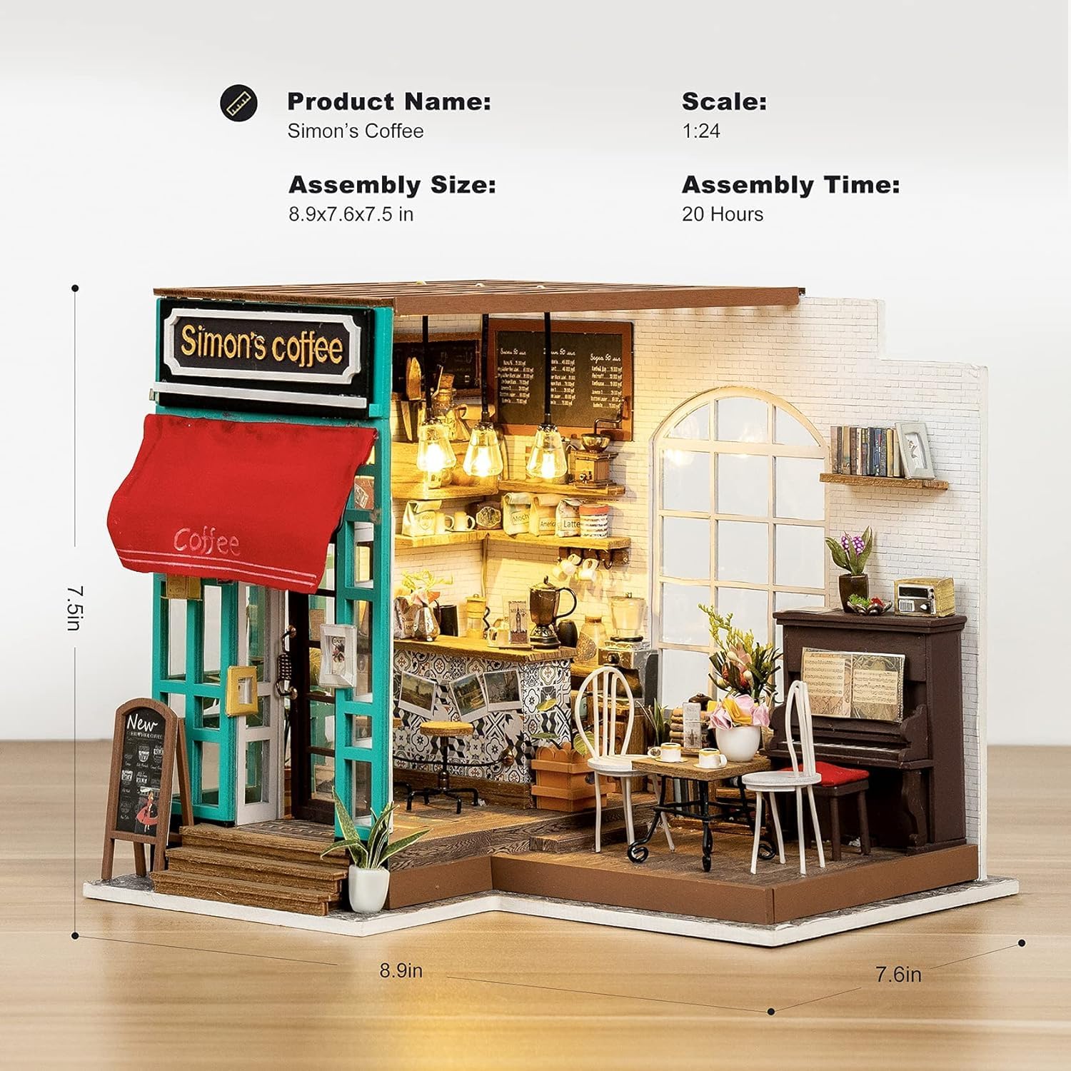 An image detailing the product specifications of the Simon's Coffee miniature house kit, showing its assembled dimensions of 8.9x7.6x7.5 inches and an estimated assembly time of 20 hours.