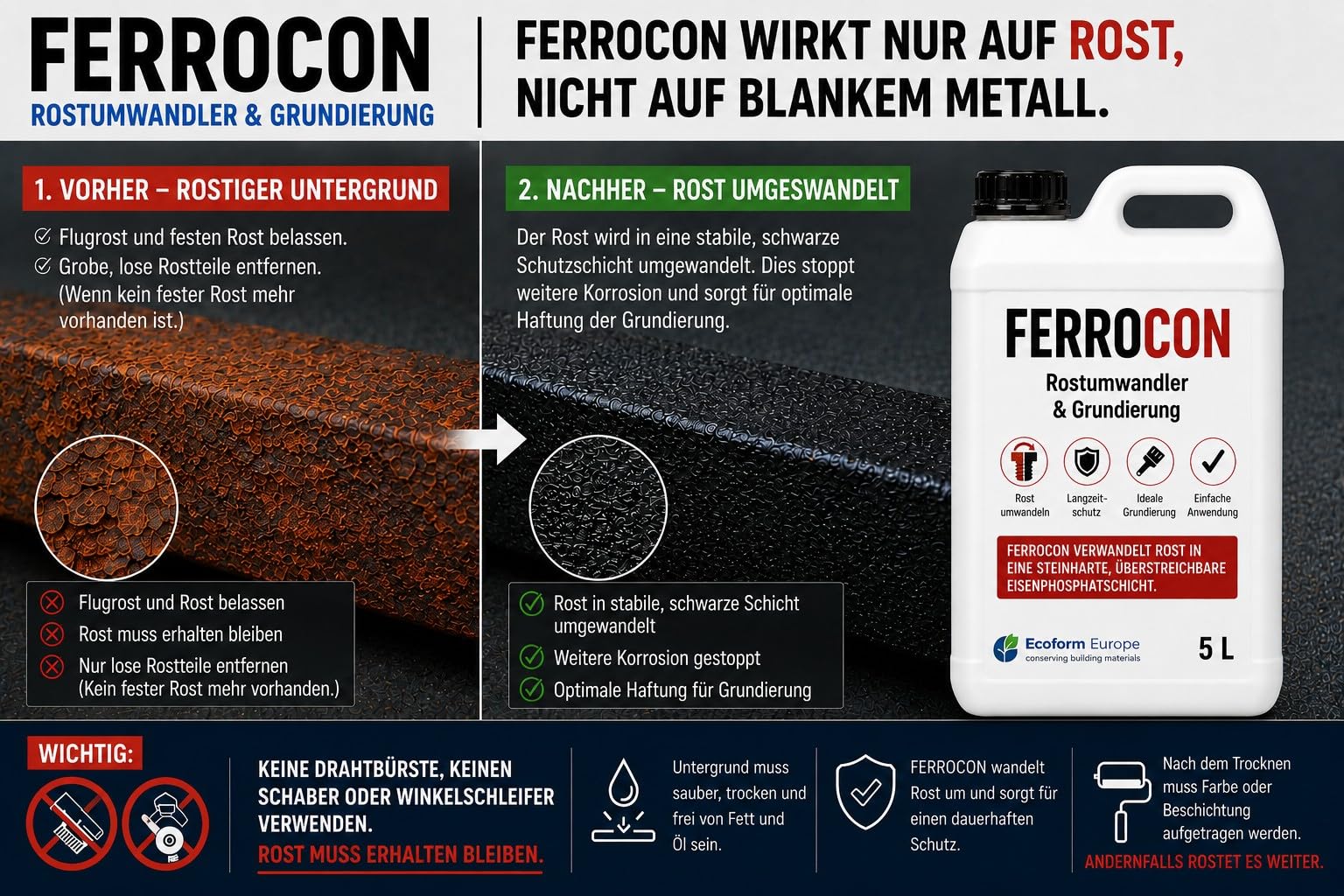 Ecoform Ferrocon 2,5 Liter (ca. 20 m²) Rostumwandler & Rostentferner – Für Eisen, Stahl und Kupfer – Reinigt Rost, Flugrost und Kupferkorrosion