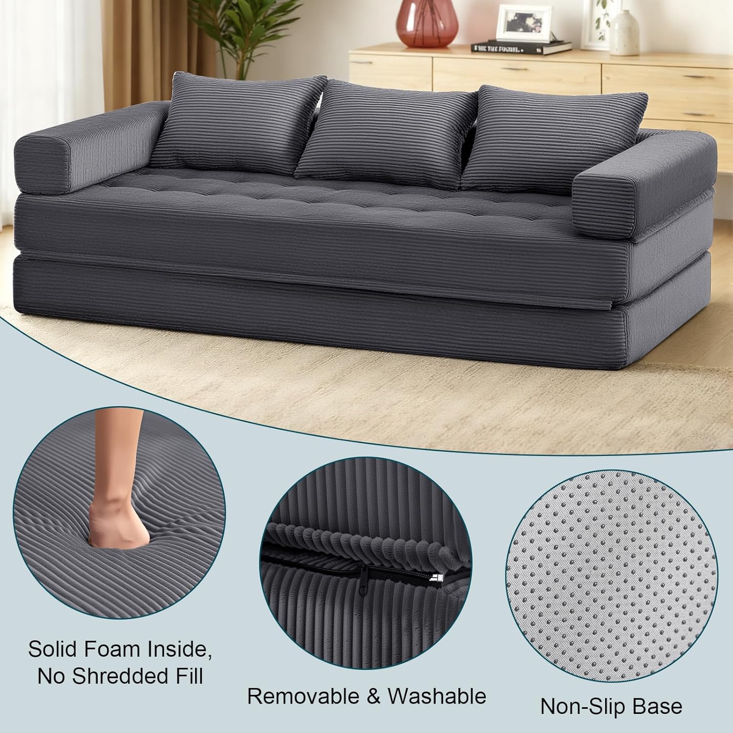 HOMMPA 5-in-1 Folding Convertible Sofa Bed 78 Inch Oversized Boneless Couch Loveseat Sleeper Pull Out Floor Sofa Bed Corduroy Foldable Mattress Couch for Living Room Bedroom Lounge King Size Grey | Convertible