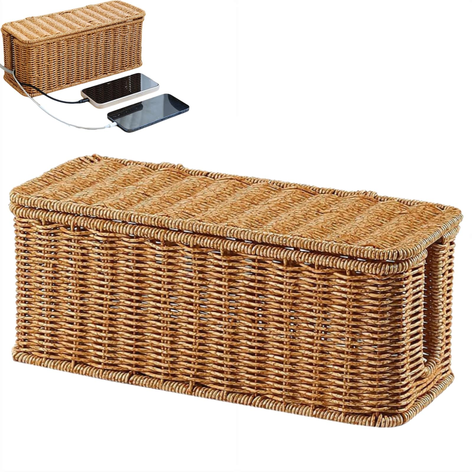 Cord Storage Basket,Charging Station Basket,Hand-Woven Narrow Woven Faux Wicker Baskets Charging Station,Under Desk Cable Management Box,Open Slots Cord Organizer Box