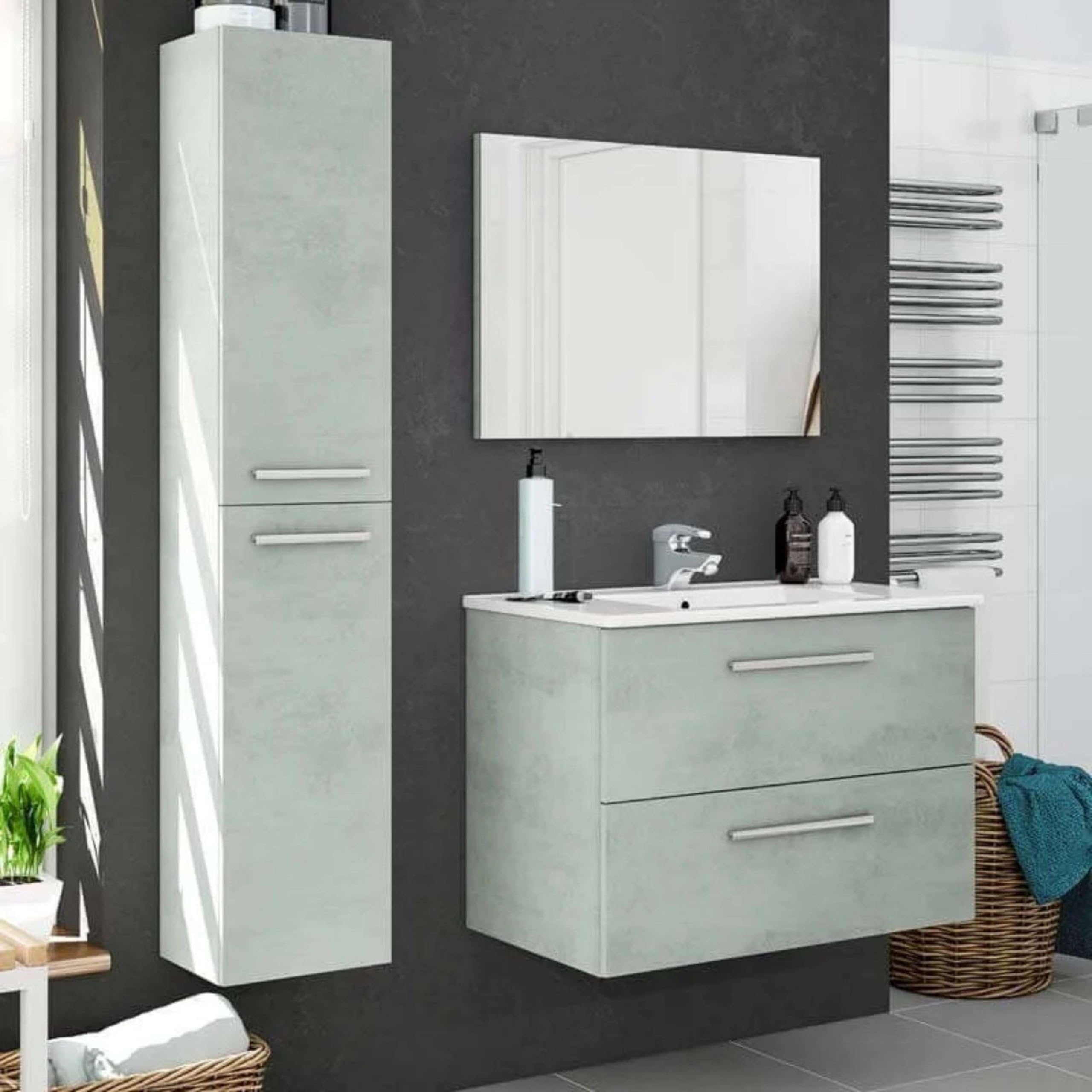 Pack de Muebles de Baño Aruba en Color Cemento o Blanco con Mueble de Baño, Columna, Espejo y Lavamanos Cerámico