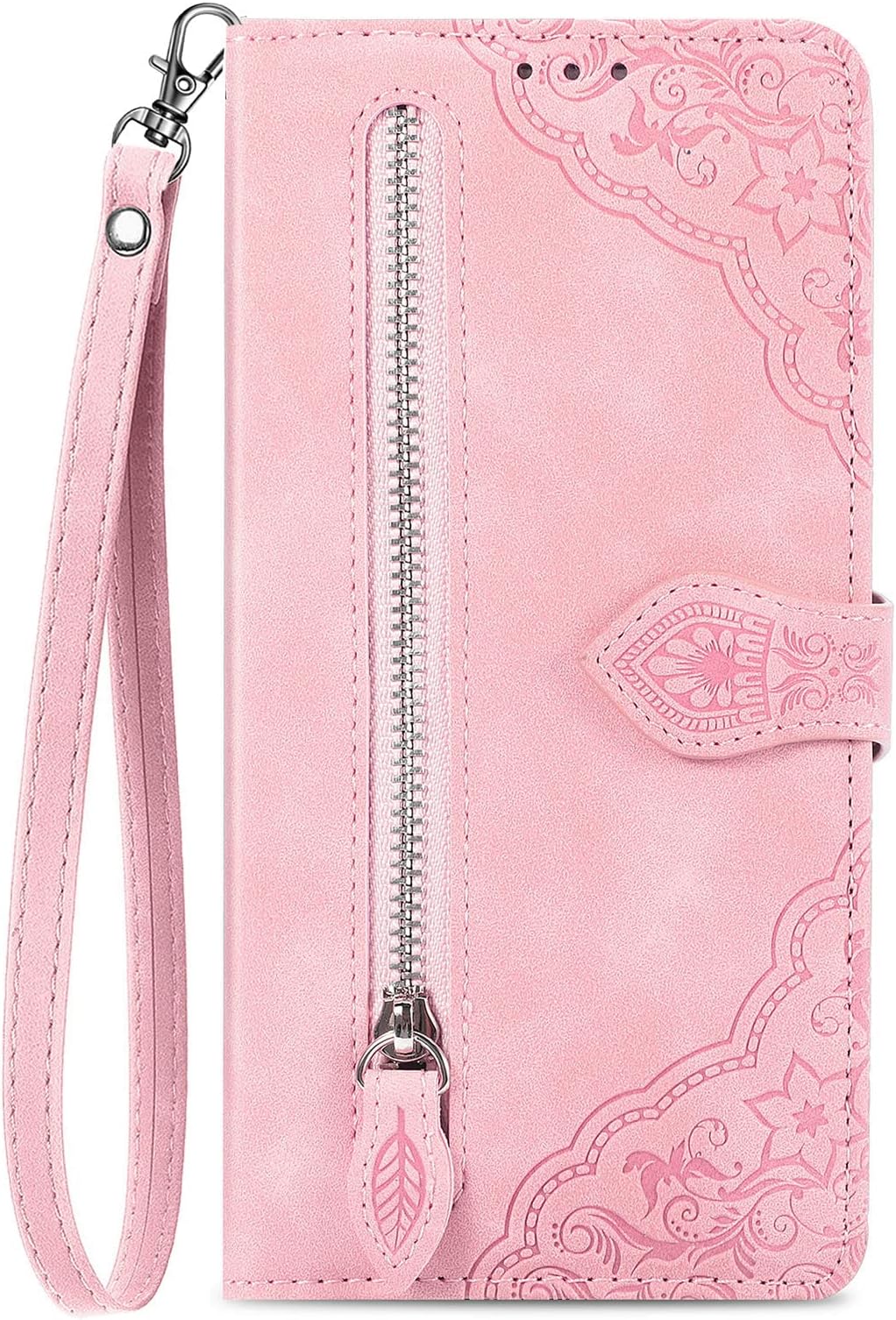 Zip Wallet Case Compatible with Apple iPhone 15 Phone Case Wallet with Credit Card Holder Strap Stand Women Leather Flip Case Floral Folding Cover Shockproof - Pink