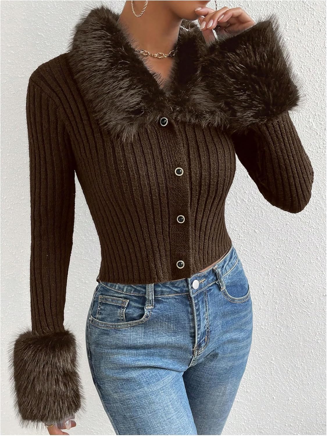 WDIRARA Women's Fuzzy Button Down Cardigan Sweaters Faux Fur Collared Long Sleeve Knit Outerwear - Image 5