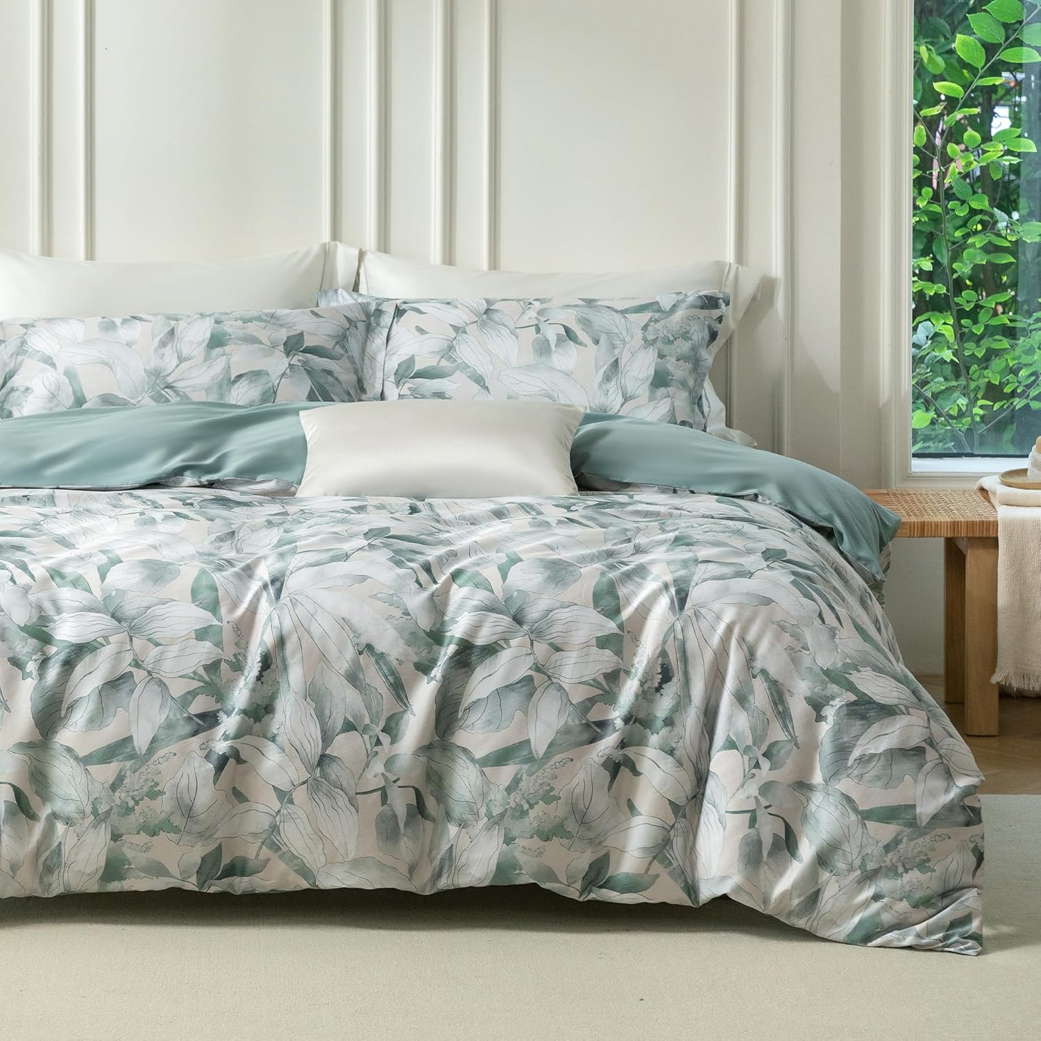 MILDLY Queen Size Duvet Cover Set 100% Long-Staple Cotton Luxury Sage Green Leaves Patten Reversible Comforter Cover Set 3Pcs