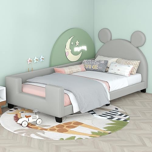 Marco de sofá cama tapizado de tamaño individual para niños, cama de piel sintética con cabecera en forma de orejas de cartón, sofá cama individual