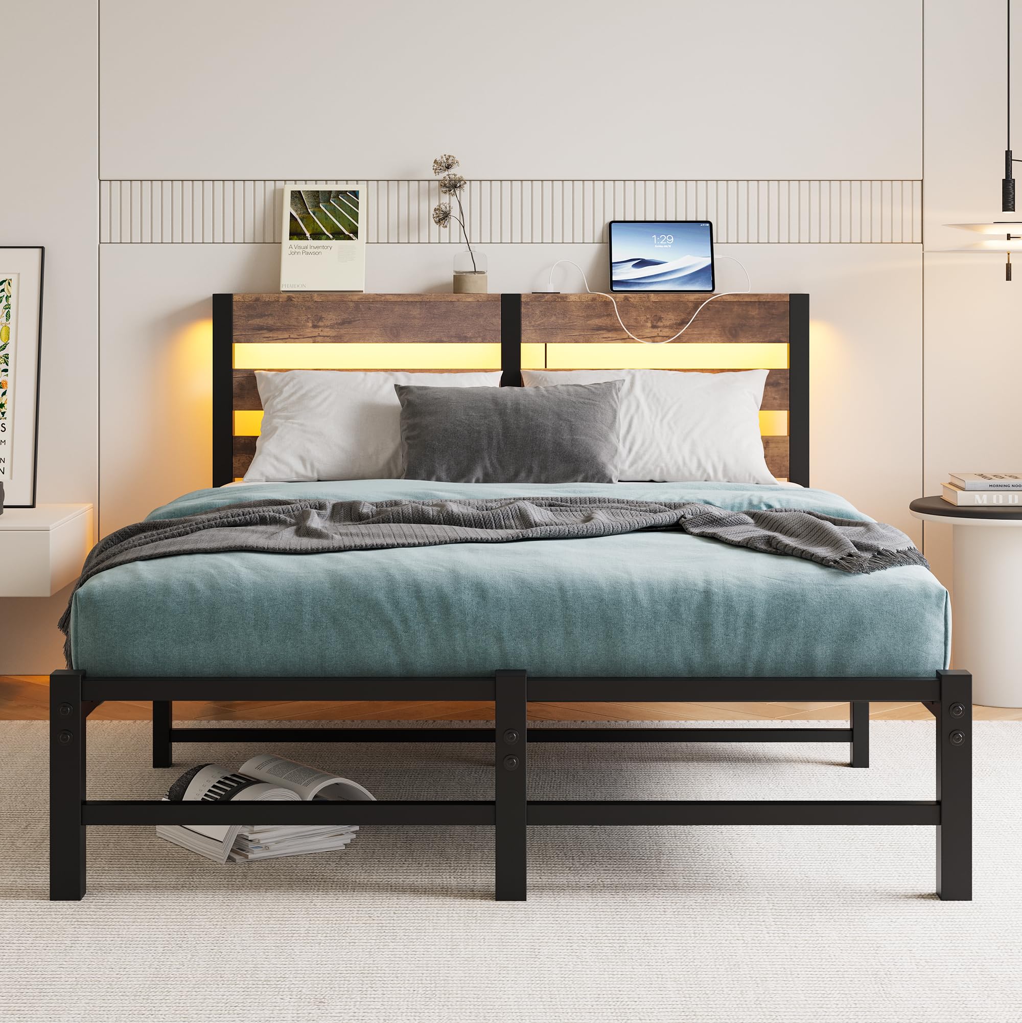 Cadre De Lit Double Métal 135x190 Cm – Robuste 408 Kg, Lattes Acier, Sans Sommier, Noir
