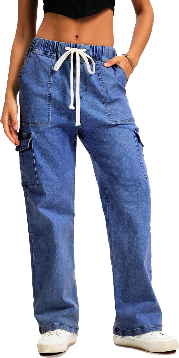 HVEPUO Womens High Waisted Cargo Pants Y2K Baggy Straight Leg Stretchy Jeans for Women Streetwear Trousers Pants 6 Pockets