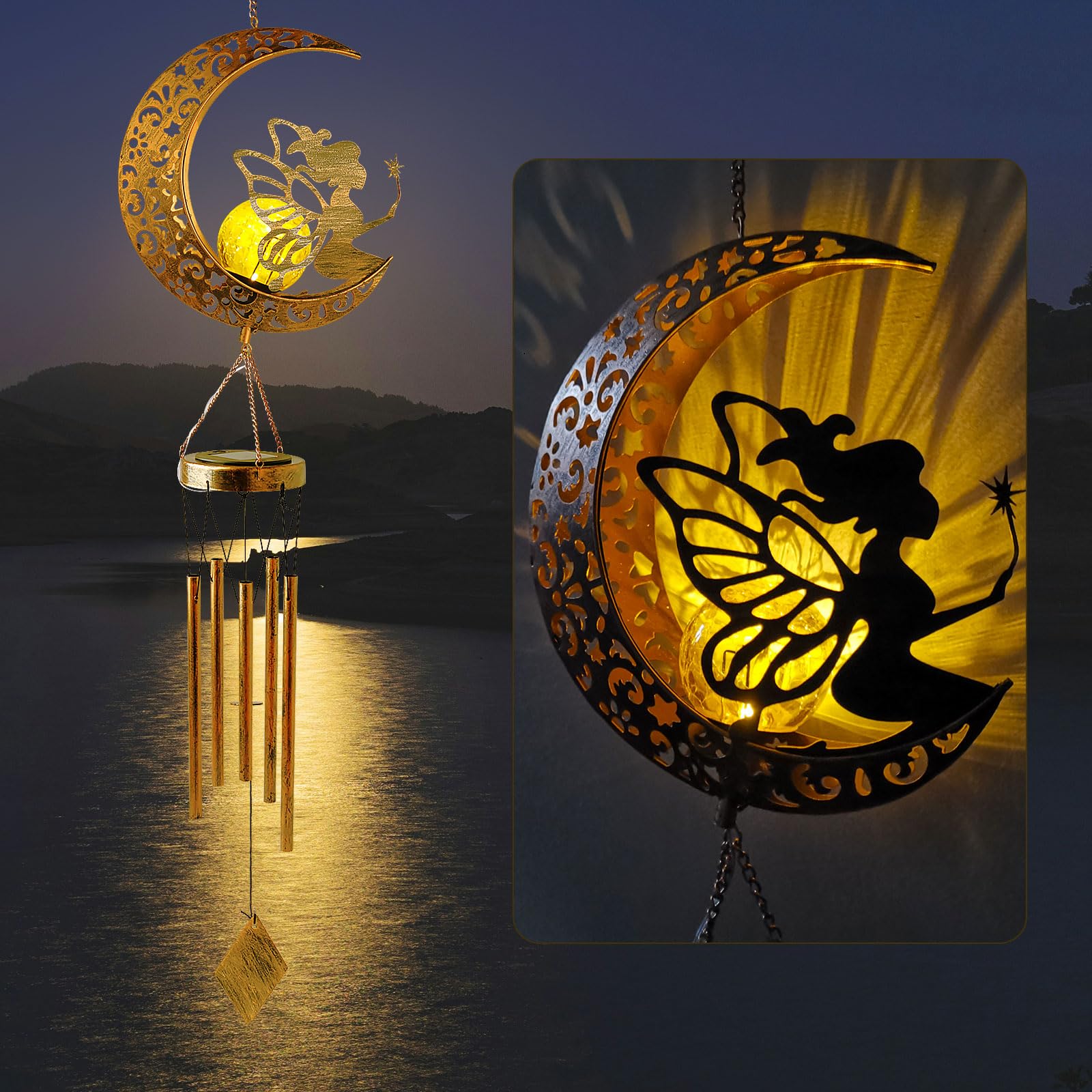 Solar Wind Chimes Moon Fairy Hanging Outdoor Decor Crackle Glass Ball Warm Memorial Wind Chimes Light Patio Lawn Yard Gardening Gifts Birthday Gifts for mom for Grandma Gifts Christmas Decorations