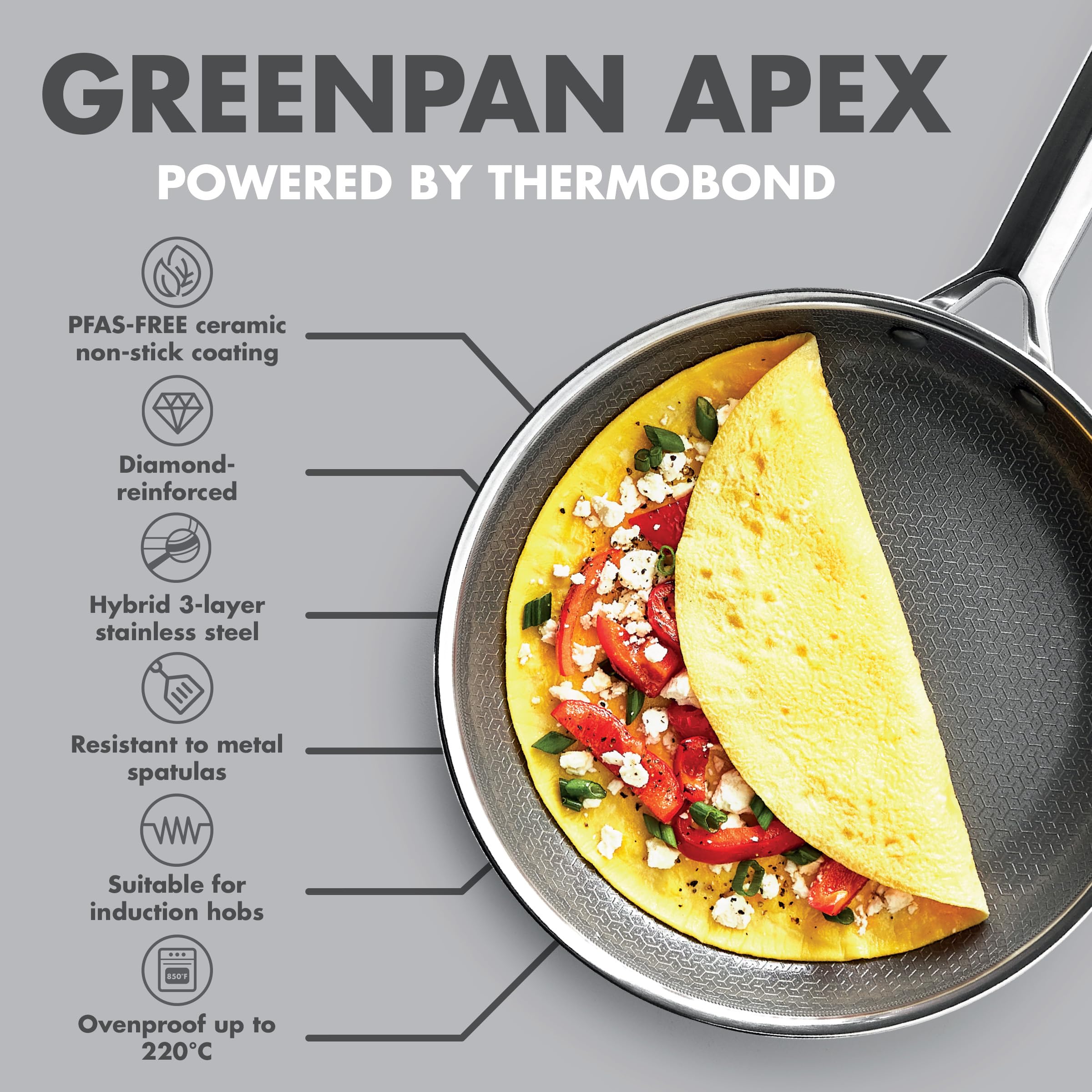 GreenPan APEX Tegame Ibrido 24 cm con Coperchio, Thermobond Tri-Ply, Inox e Ceramica Antiaderente con Diamanti, Senza PFAS, Induzione, Forno 220°C, Argento