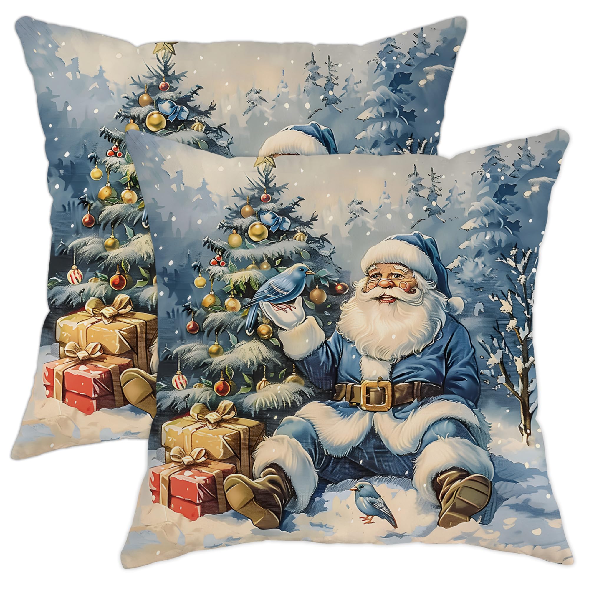 Santa Claus Christmas Pillow Covers, Blue Holiday Cushion Case, Winter Festive Decor for Home Sofa Bedroom Living Room, Soft Touch Velvet Decorative Throw Covers 16x16 Inch