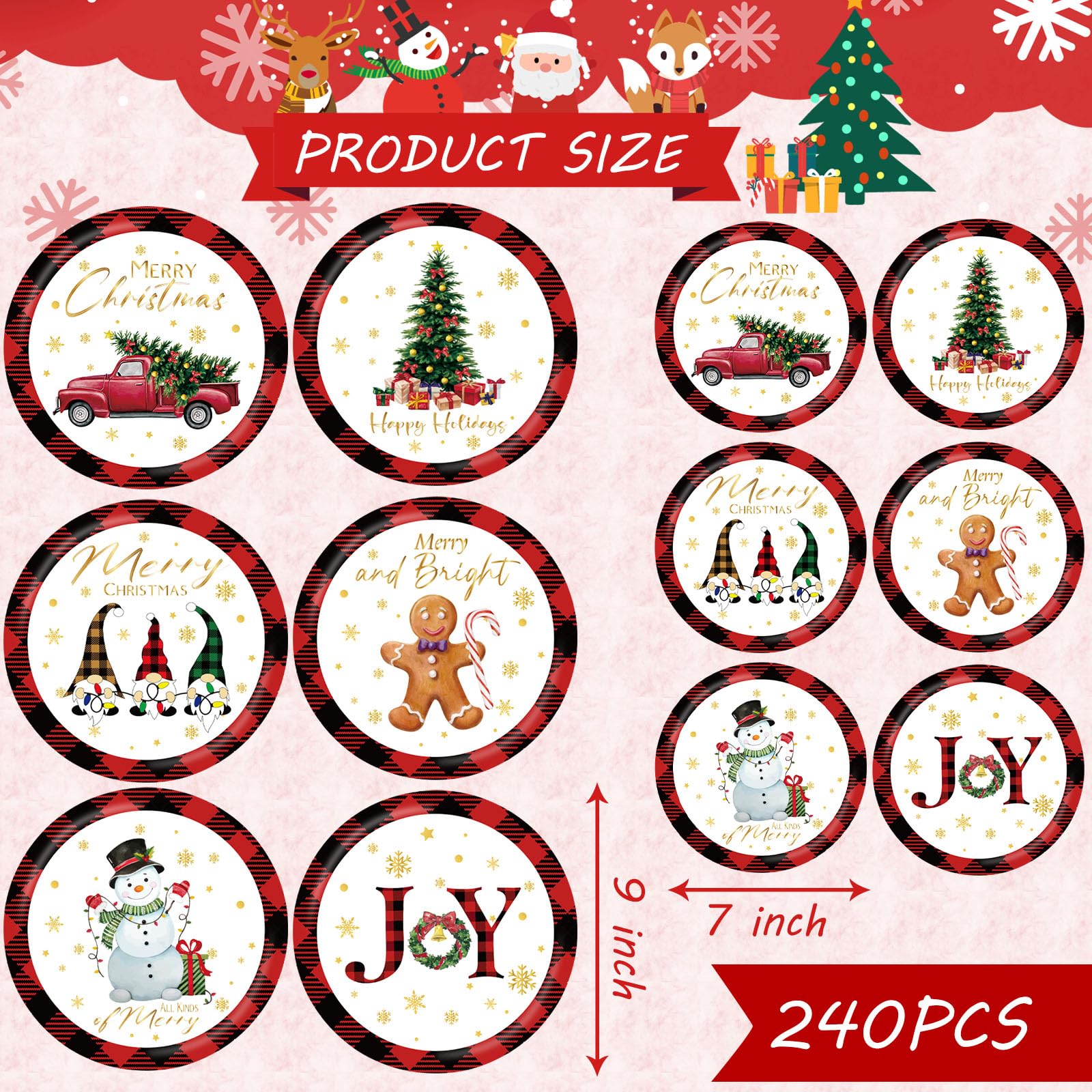 Layhit Weihnachtsparty Pappteller Dessert Weihnachtsfeier Dekorationen Einweg Runde Weihnachten Pappteller für Weihnachten Geburtstag Party 7 Zoll und 9 Zoll (240 Stück)
