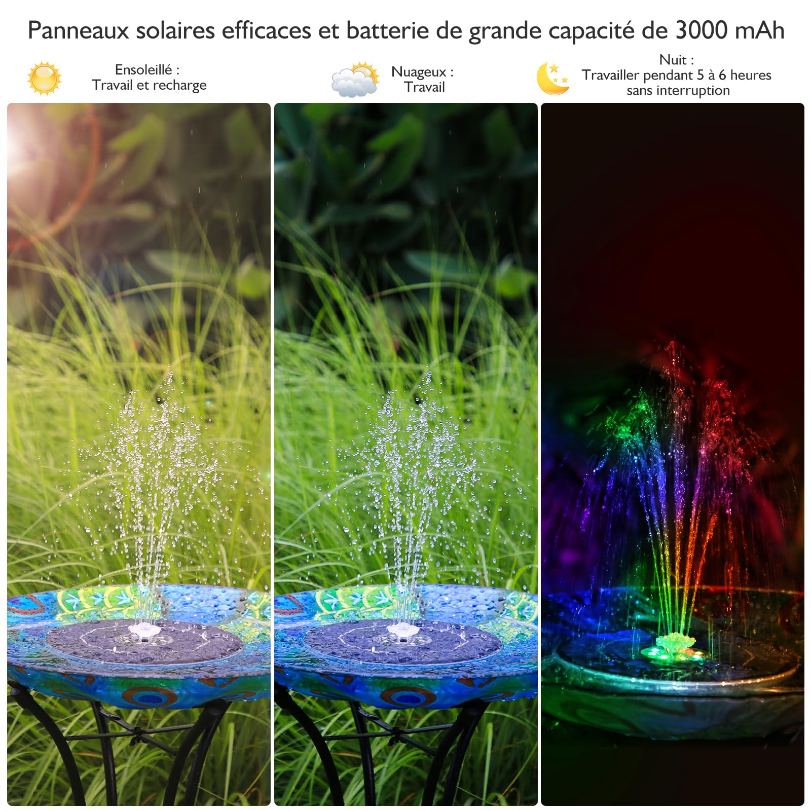 AISITIN Fontaine solaire LED 6,5 W avec barre de support réglable - Pompe de bassin solaire colorée - Batterie intégrée avec LED double face - Fontaine solaire ronde pour bain d'oiseaux, bassin de