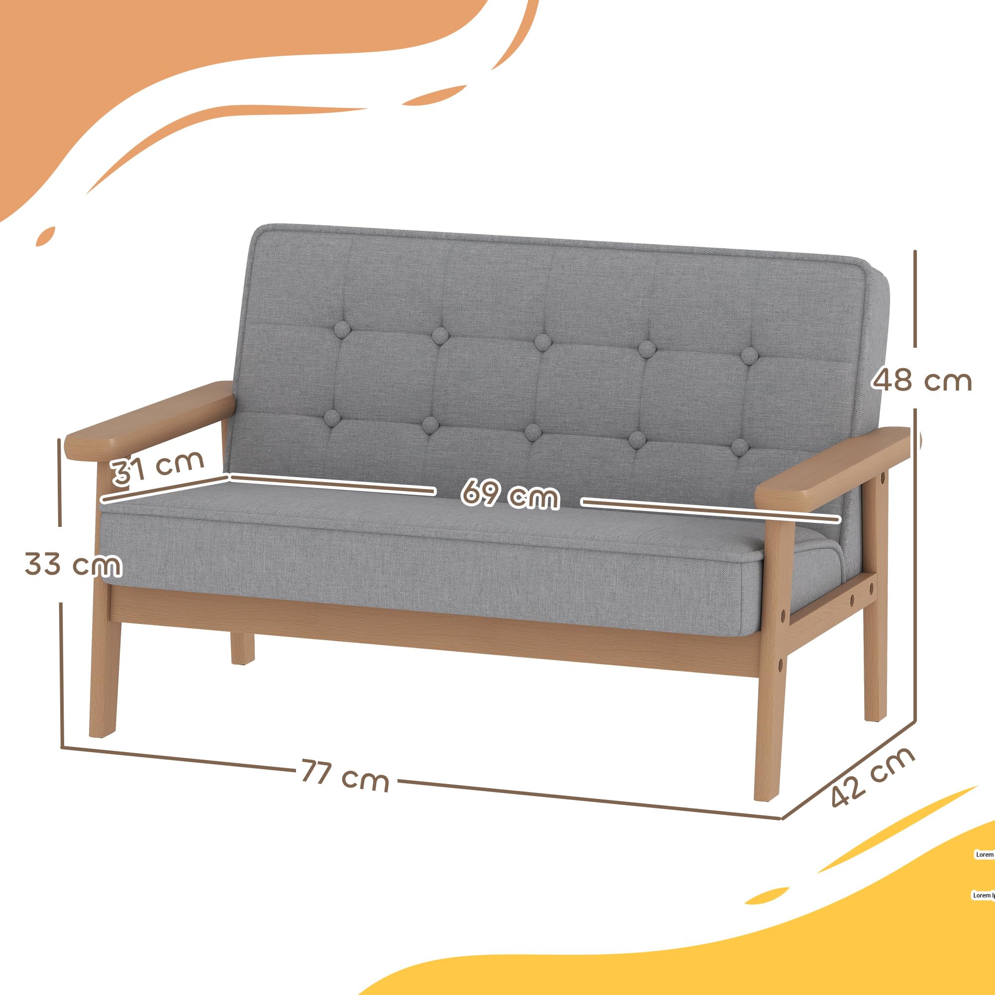 AIYAPLAY Sofá para Niños de 2 Plazas, Sillón Infantil de Felpa Suave con Estructura de Madera, Asiento y Respaldo Acolchados, Reposabrazos, para Niños de +3 Años, para Dormitorio, Sala de Juego, Gris