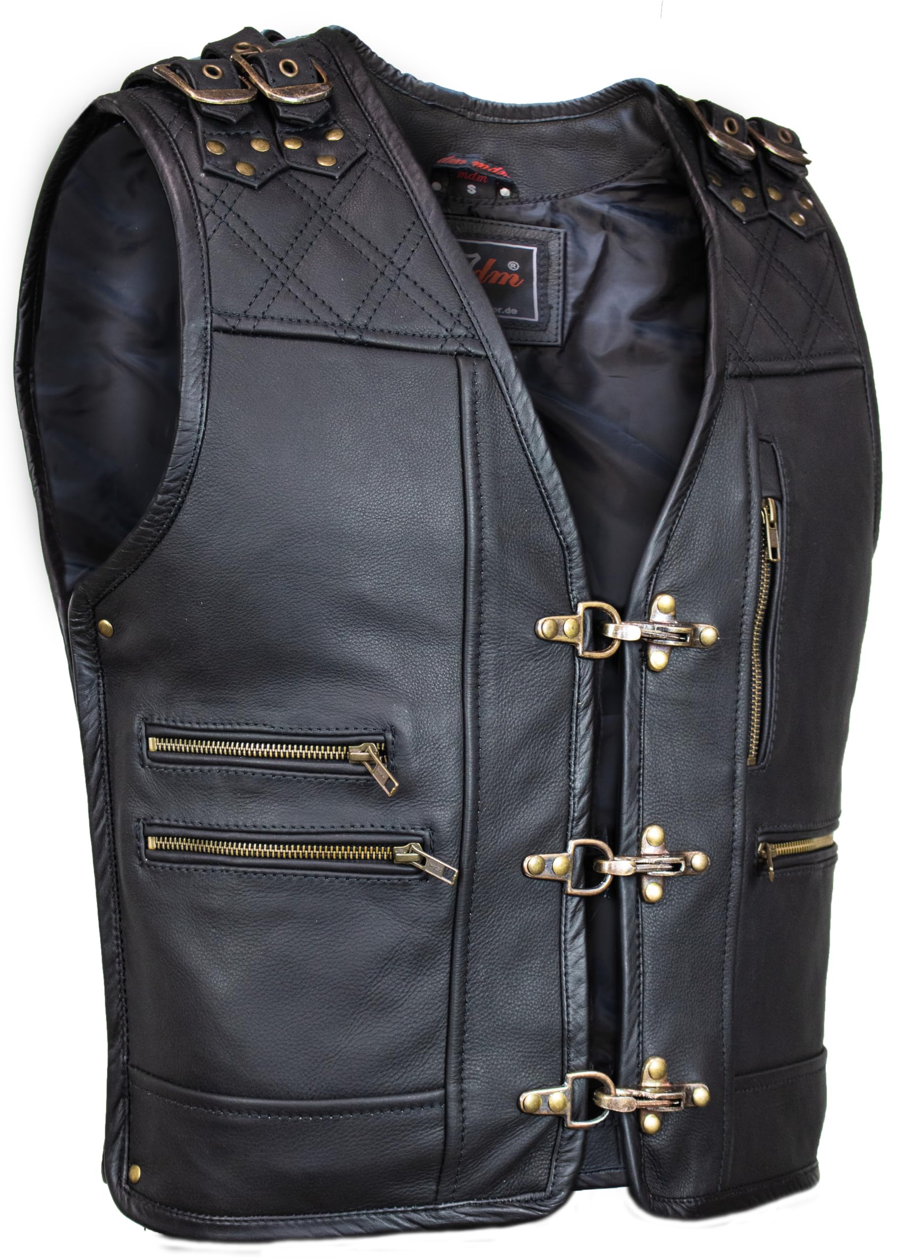 Gilet Moto Uomo In Vera Pelle Nera - Gilet Pelle Uomo Biker Con 3 Chiusure A Gancio, 6 Tasche, Spalle Trapuntate, Fibbie Regolabili, Laterali Espandibili - Smanicato Moto O Giacca Biker Senza Maniche