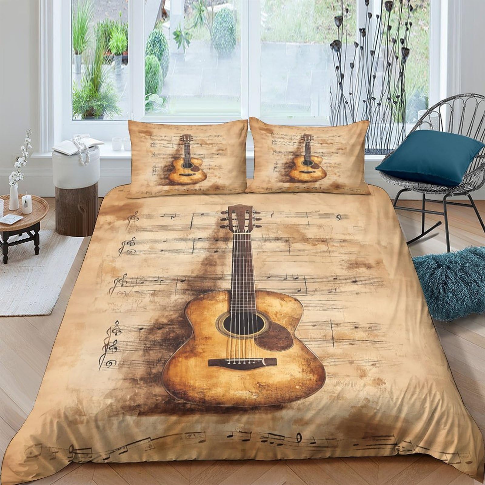 Ctjqhvkz Style-1 3D Printed Vintage Guitar Fitted Sheet Microfiber Soft Breathable Artistic Music Bed Cover For Bedroom Dorm Mattress Protection Decor Single（135X200cm）