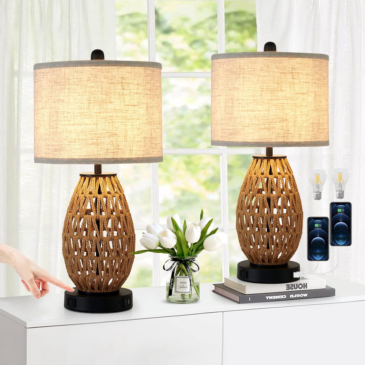 Touch Lamps for Bedrooms Set of 2 Coastal Rattan Bedside Lamps with USB