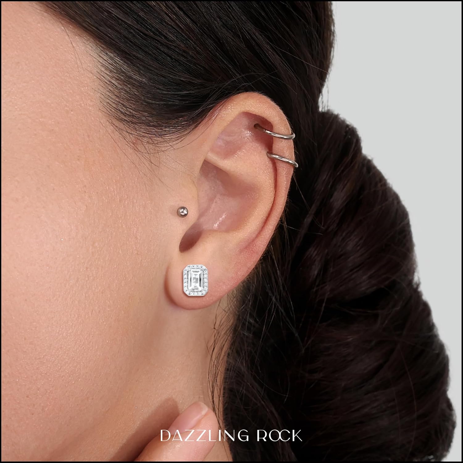 Dazzlingrock Collection 6x4 mm Emerald & Round Lab Created White Sapphire Gorgeous Octagon Frame Stud Earrings for Ladies, 925 Sterling Silver - Image 2