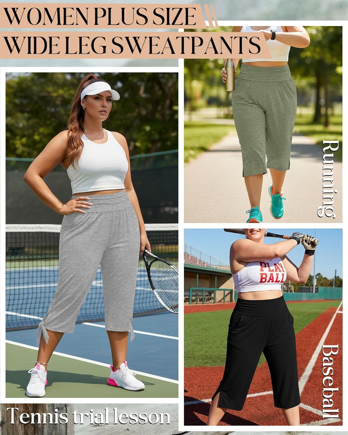 Neer 3 Pack Women's Plus Size Cotton Capri Pants High Waisted Wide Leg Loose Lounge Yoga Cropped Sweatpants with Pockets - Image 5