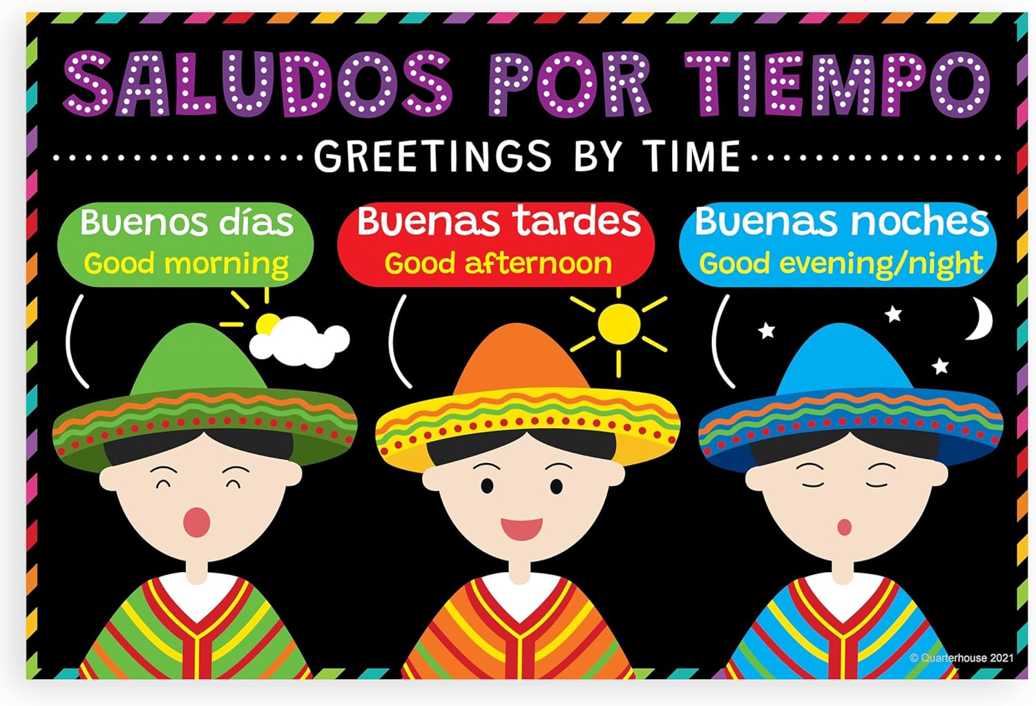 Quarterhouse 5 Poster Spanish Greetings and Sayings Set, Spanish Classroom Learning Materials for Pre-K and K-12 Students and Teachers, 12 x 18 Inches, Made in USA