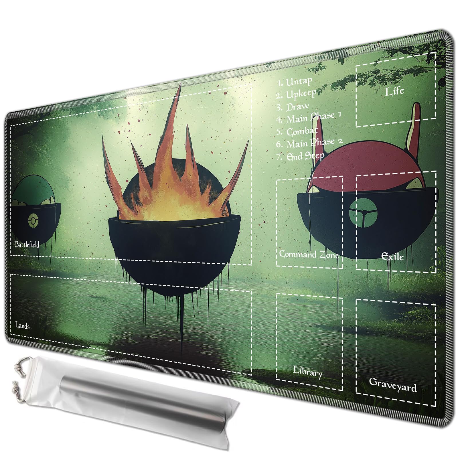 JANENFNA Playmat 24" x 14" with Magic Zones for MTG Card Game Playing, Board Game Mat for Card Breaking Commander Deck Gaming Card Game Battles Mat with Storage Bags, Green Anime — image 1