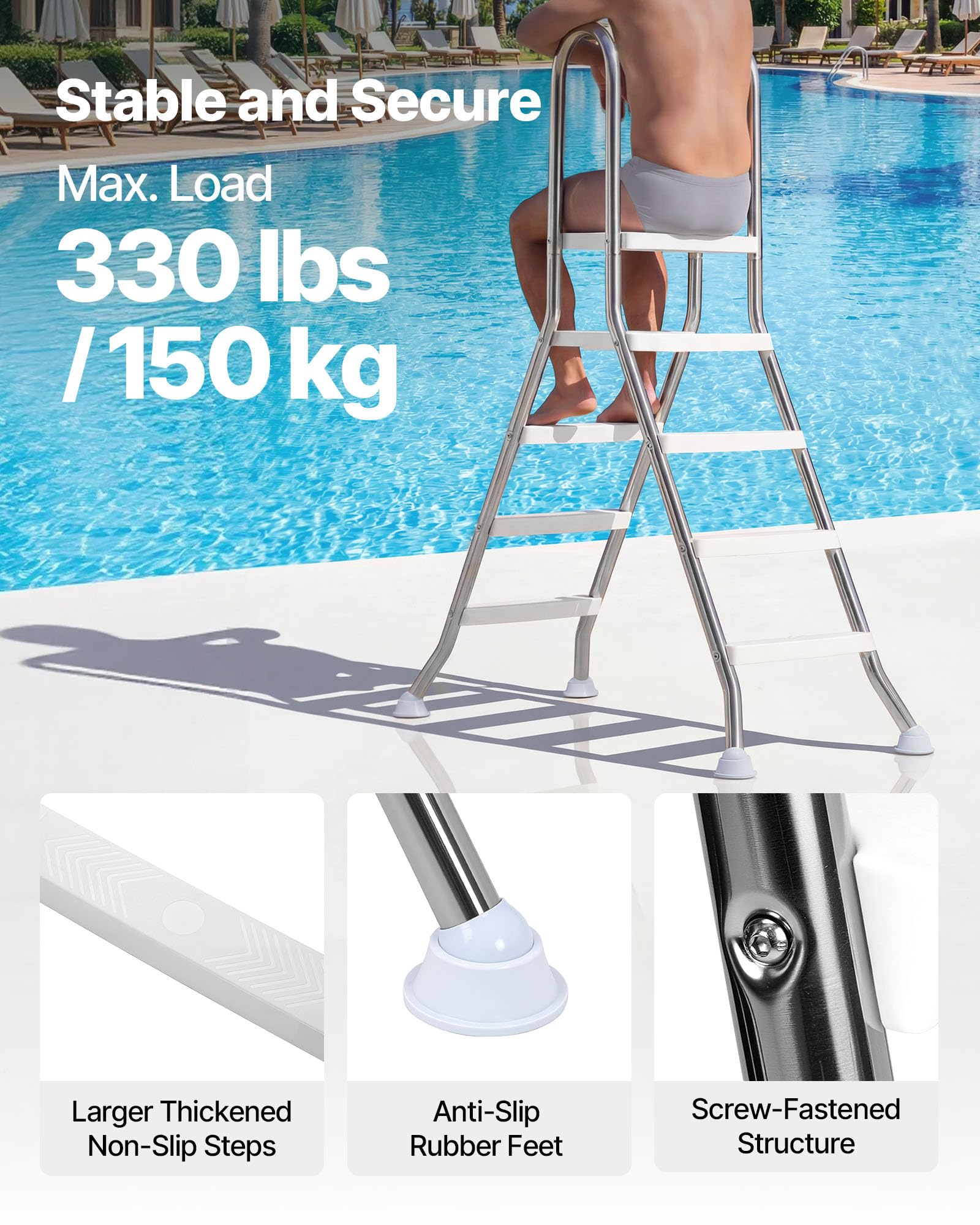VEVOR Poolleiter Edelstahl 150 kg Tragkraft, Einstiegsleiter A-Rahmen, Sicherheitsleiter für Aufstellpools mit 125 cm Pooltiefe, Einstiegshilfe mit Rutschfesten 3 Stufen & Plattform, Silber