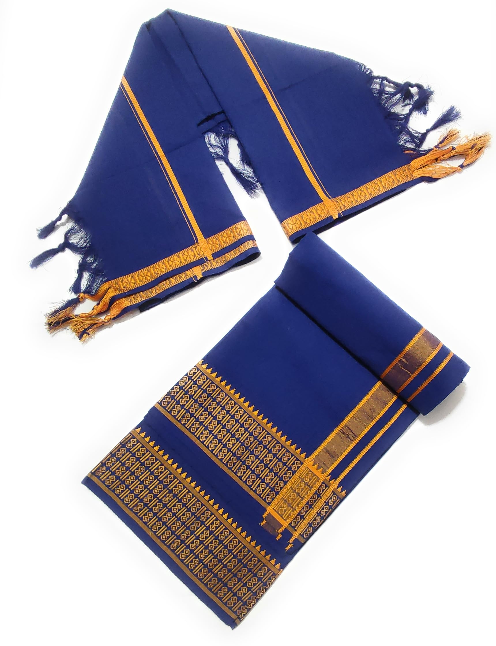 jupalaw mens cotton traditional single 2.00meters approx casual style lungi/dhoti/with angavastram (35X70) towel (BLUE)-picture-27