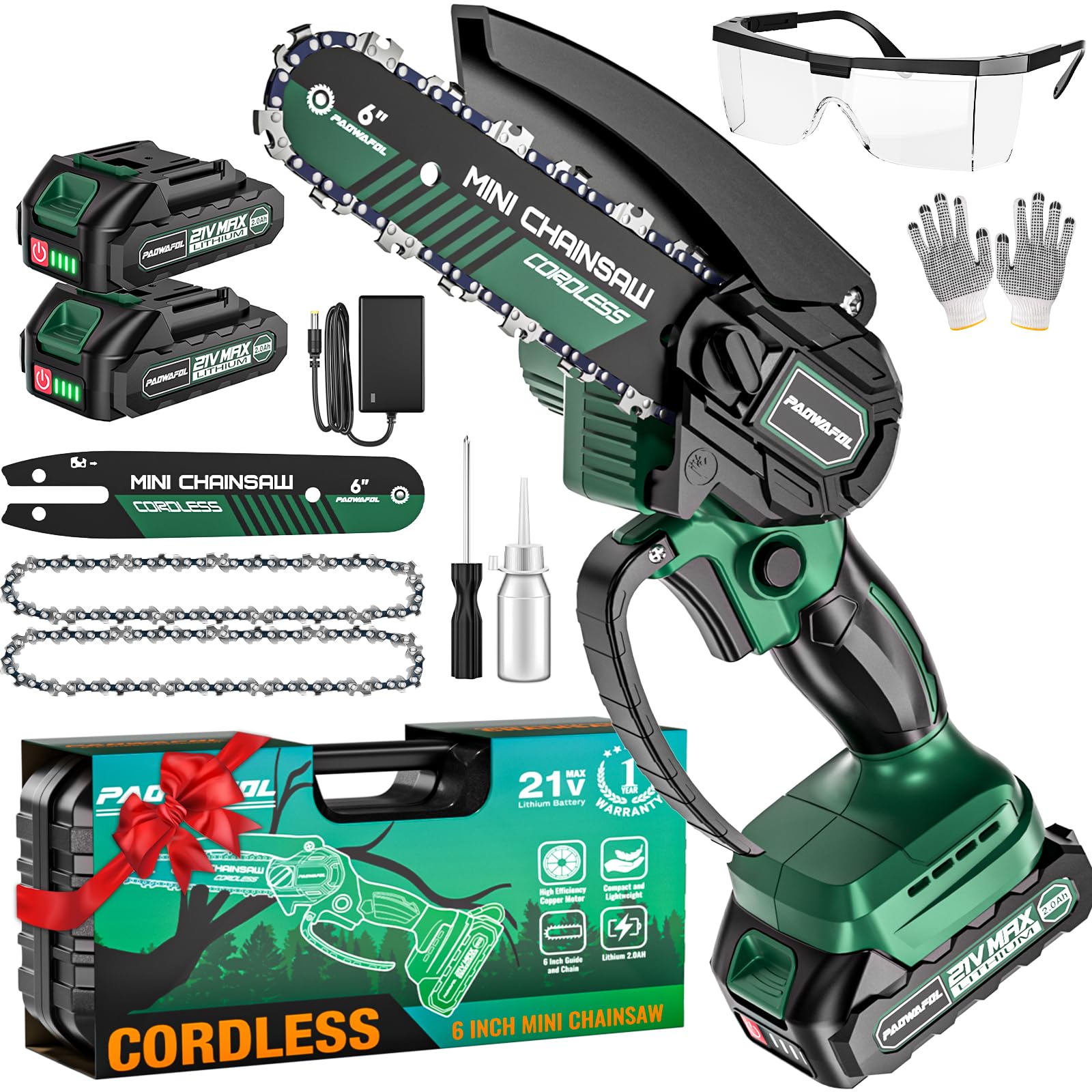 Mini Chainsaw 6 Inch Cordless, Super Handheld Chainsaw with 2x Big Batteries, Electric Mini Chain saw Battery Powered, Small Hand saws for Tree Wood - Garden Yard Time Saving Tool