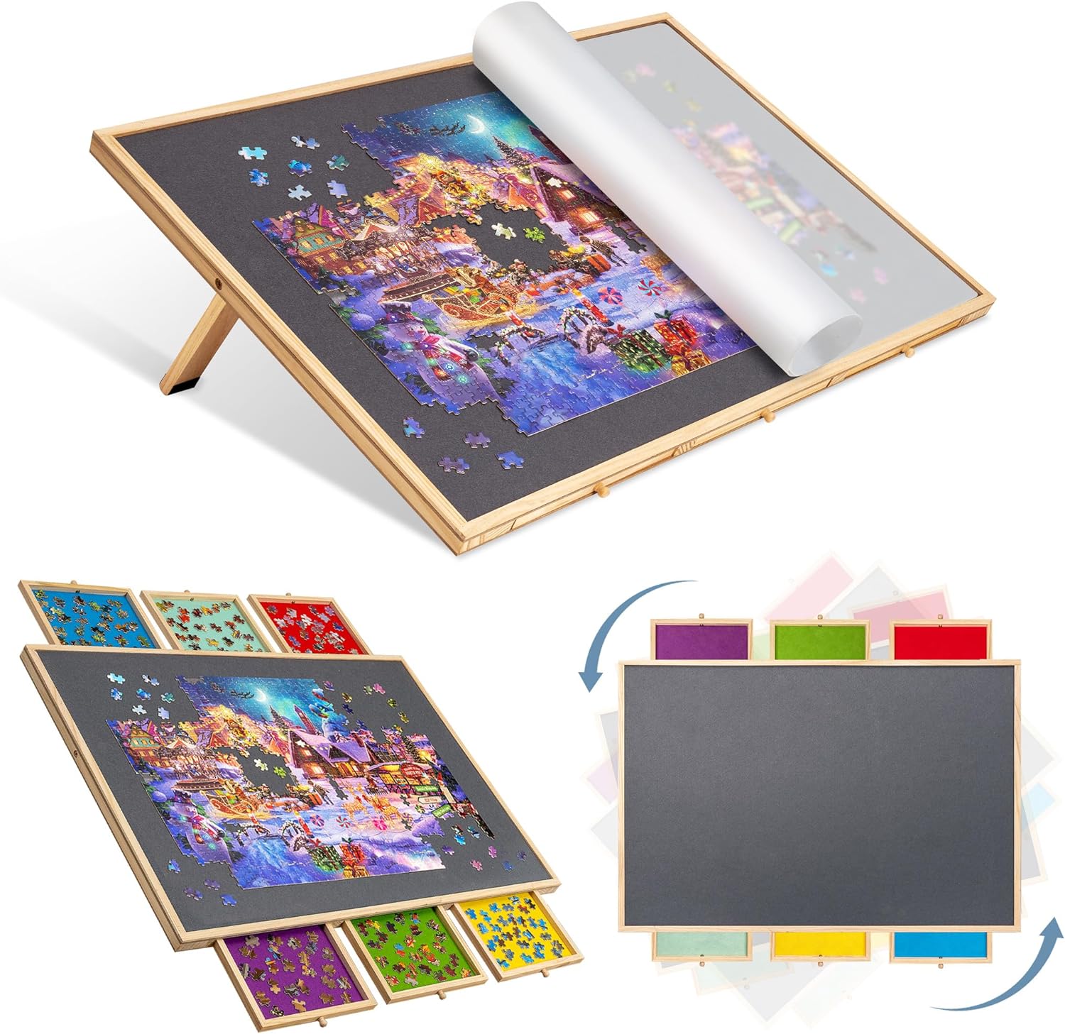 Product image of Lavievert 2-in-1 Tilting & Rotating Puzzle Board with 6 Colored Drawers & Cover, Portable Jigsaw Puzzle Table for Adults, Wooden Swivel Puzzle Plateau with Non-Slip Tabletop for Up to 1500 Pieces