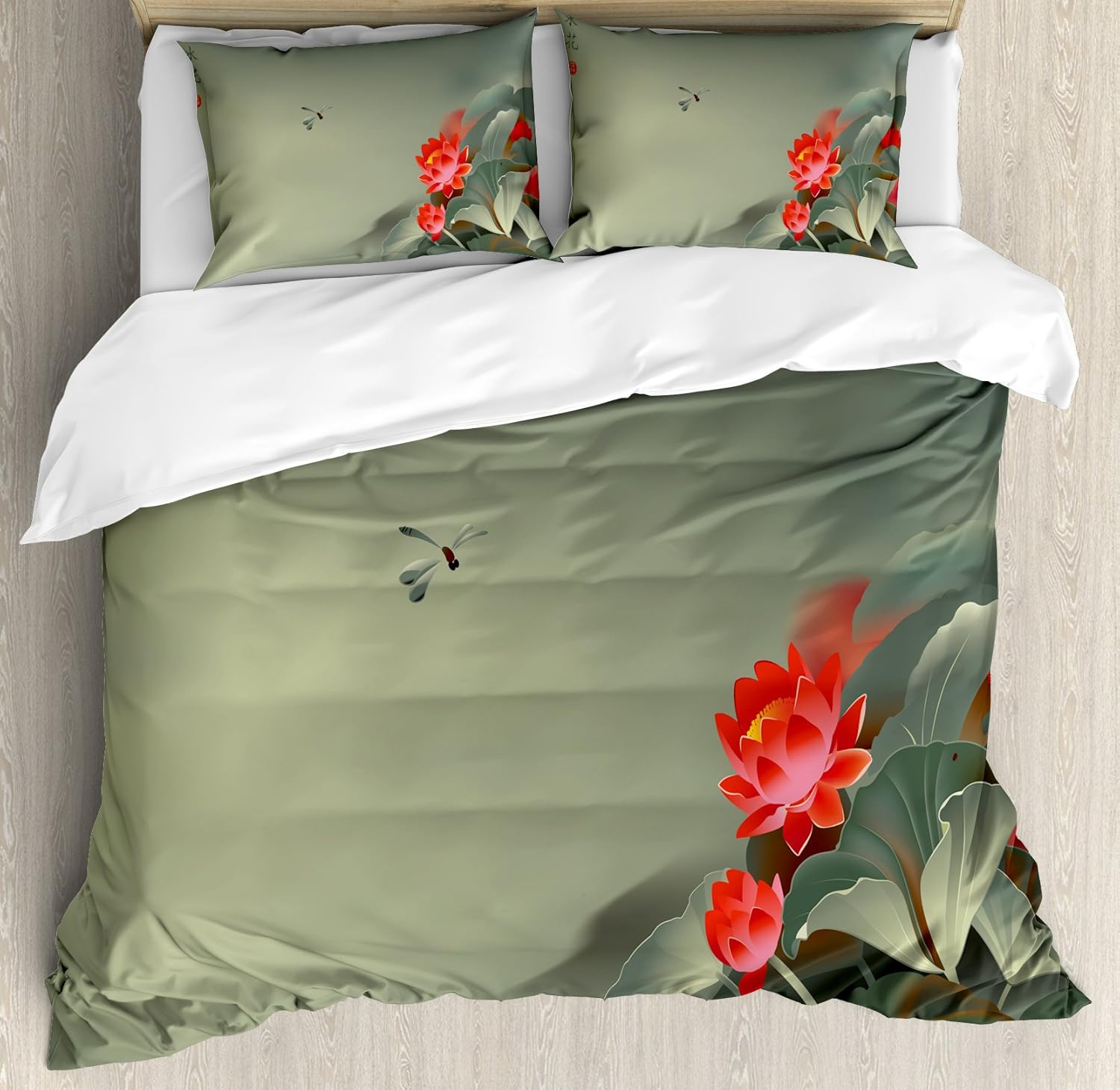 Ambesonne Dragonfly Duvet Cover Set, Traditional Japanese Painting Lotus Blooms in Tones Design, Decorative 3 Piece Bedding Set with 2 Pillow Shams, King Size, Red Reseda Green King Red Reseda Green