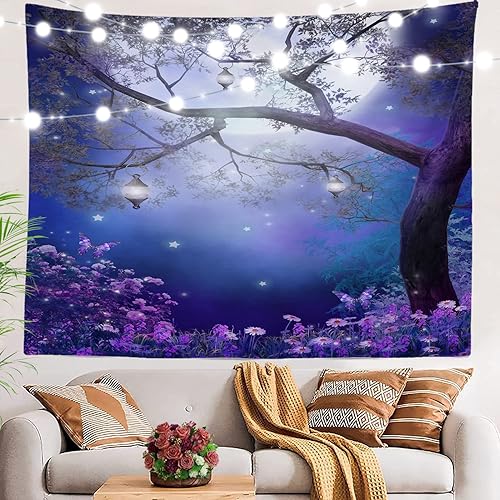 BaoNews Tapiz morado con estrellas de flores prado con un árbol de hadas mantel grande de poliéster para colgar en la pared para dormitorio