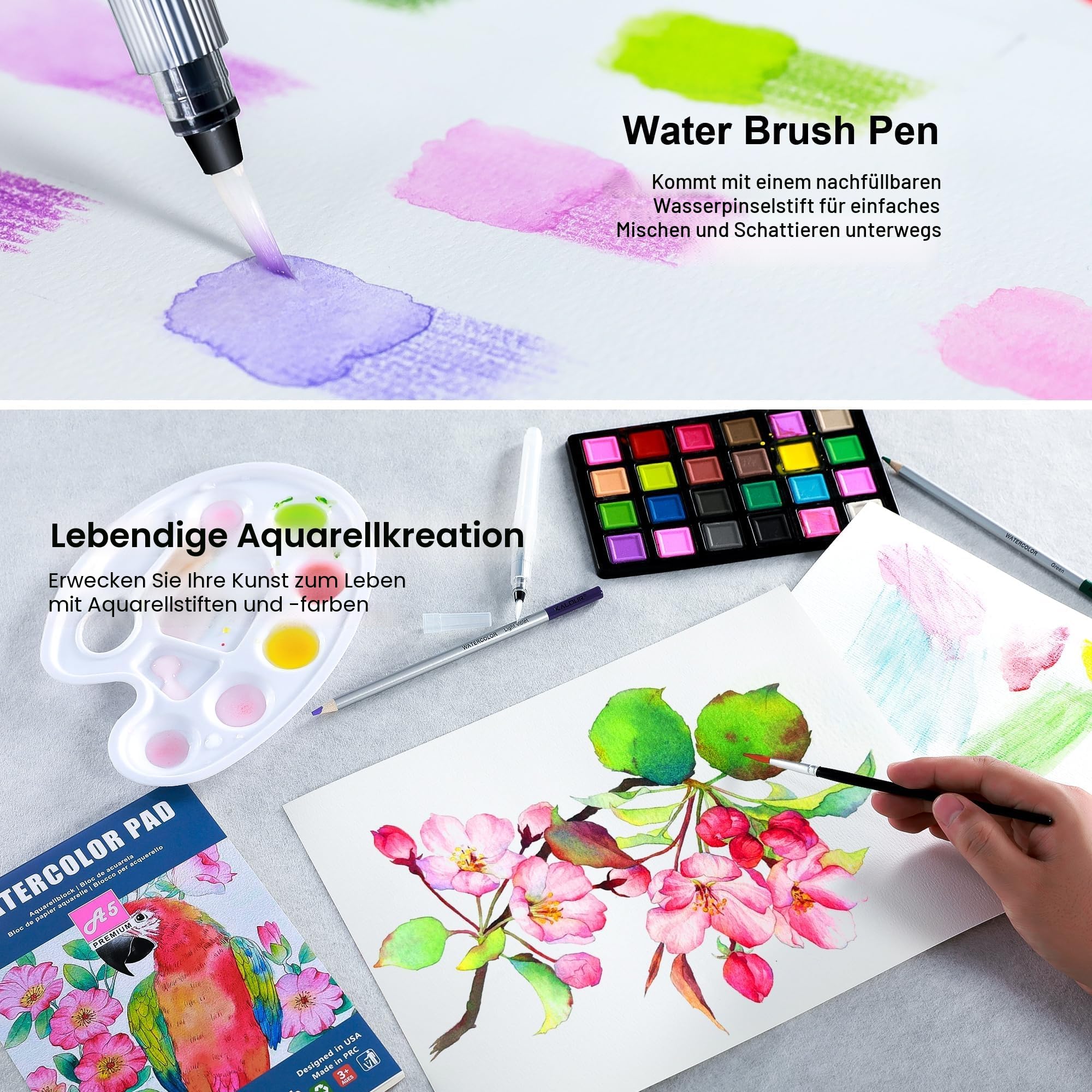 KALOUR 154-teiliges Kunstzubehör – Skizzier- und Zeichen-Set mit Skizzenbuch, Tutorialbuch, Malpapier – Graphit, Farb-, Kohle-, Aquarell- und Metallic-Bleistifte – Zeichenwerkzeuge für Künstler und