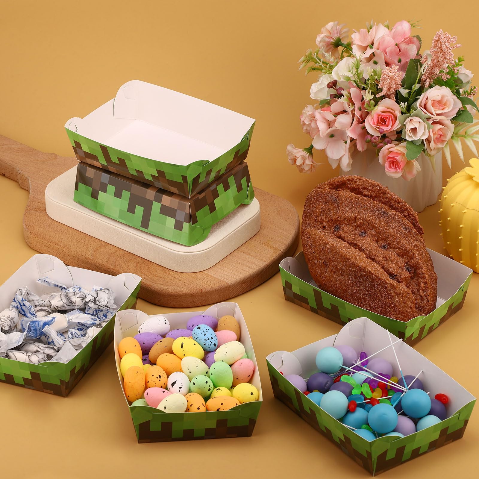 BOXOB Lot de 36 Plateaux Repas en Papier, Imperméables et Ingraissables pour Anniversaires et Fêtes sur Le Thème des Jeux Vidéo (Vert, Marron)