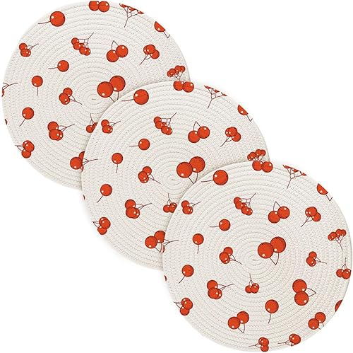 3 Pcs Round Trivet Cherry Pattern for Hot Pots and Pans 15in Cotton Thread Weave Heat Resistant Pan Mat for Hot Pot Kitchen Pot Protector