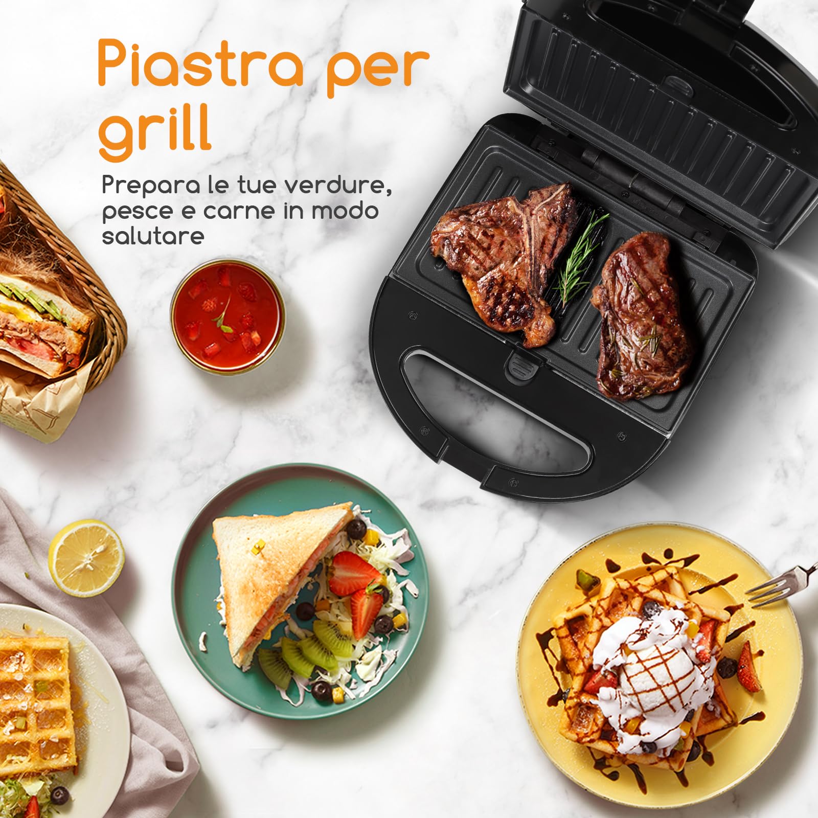 Aigostar Rubik - 750W Sandwich Maker/Grill/Waffle 3 in 1. Dimensioni Compatte con Sistema Automatico Termostatico, Piastre Antiaderenti e Rimovibili, lavabile in lavastoviglie, Design esclusivo