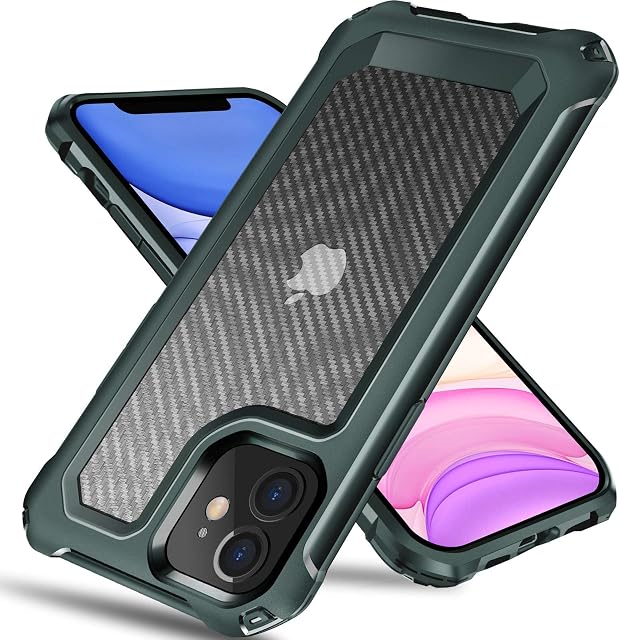 Tuerdan iPhone 11 Case, [Military Grade Shockproof] [Hard Carbon Fiber Back] [Soft TPU Bumper Frame] Anti-Scratch, Fingerprint Resistant, Protective Phone Case for iPhone 11, 6.1 Inch (Green)