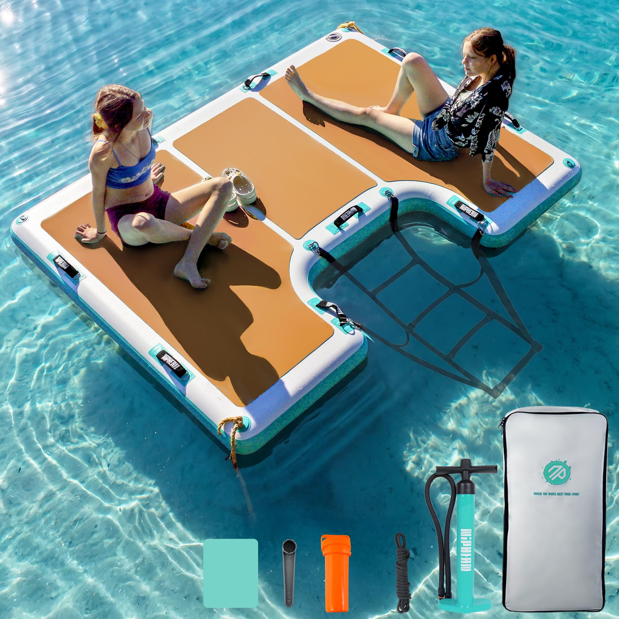 Niphean Schwimmdock Aufblasbar, rutschfeste Schwimminsel Mit Leiter & 9 Griffen, Stabile Aufblasbares Schwimmdock Für Seen, Langlebige Familieninsel, Tragetasche, 243×183/305×243 cm