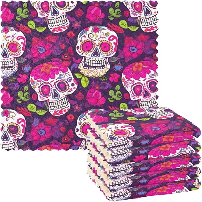 Kigai Mexican Sugar Skulls Kitchen Cloth Dish Towels 6-Pack Microfiber Super Soft Absorbent Towels Fast Drying Nonstick Oil Cleaning Cloths for Washing Dishes