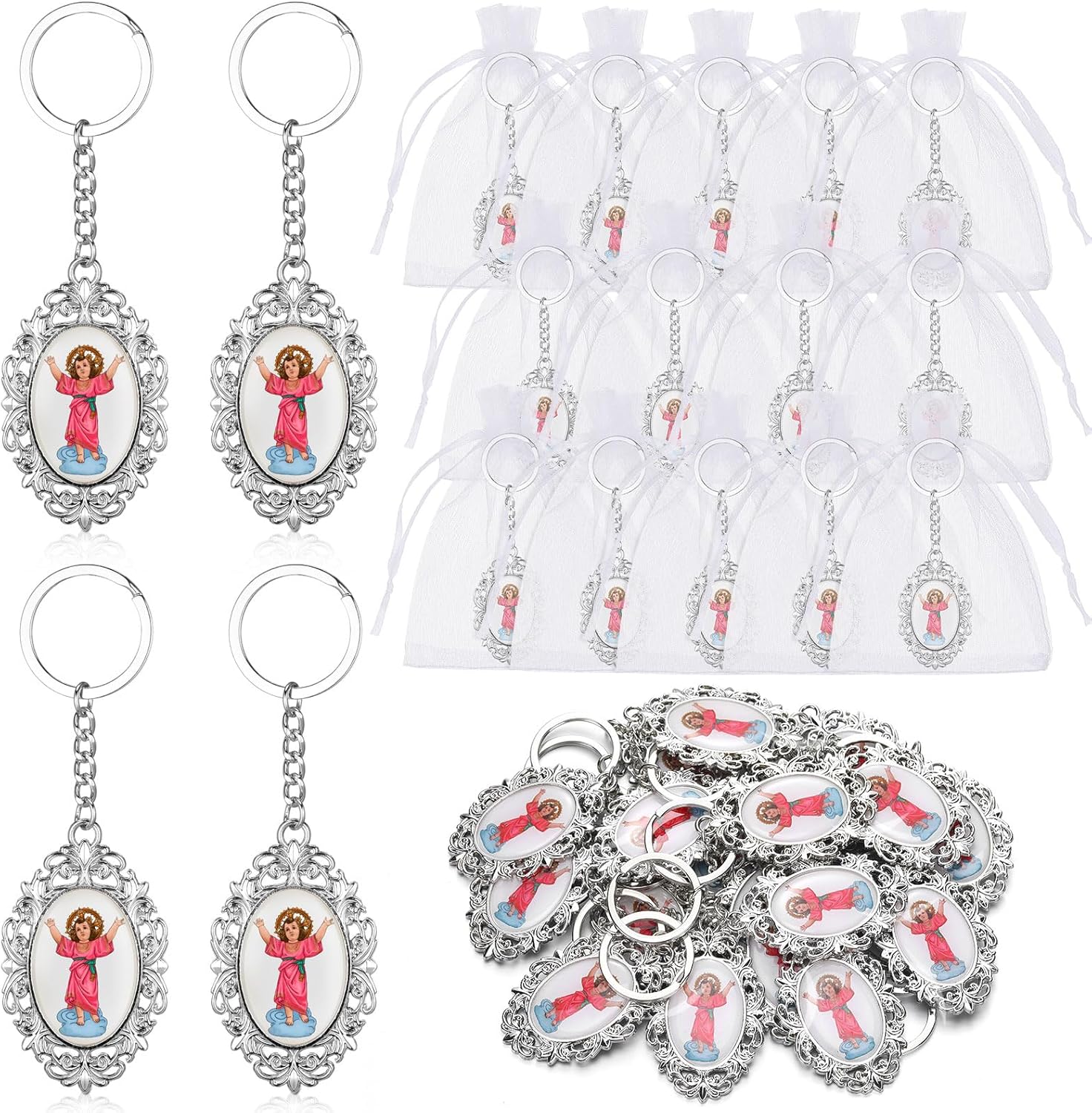 Equsion 24 Pcs First Communion Metal Keychains Engraved Baptism Favor Bulk First Communion Christening Memorial Favor Christian Religious Gift Baby Shower Birthday Supply