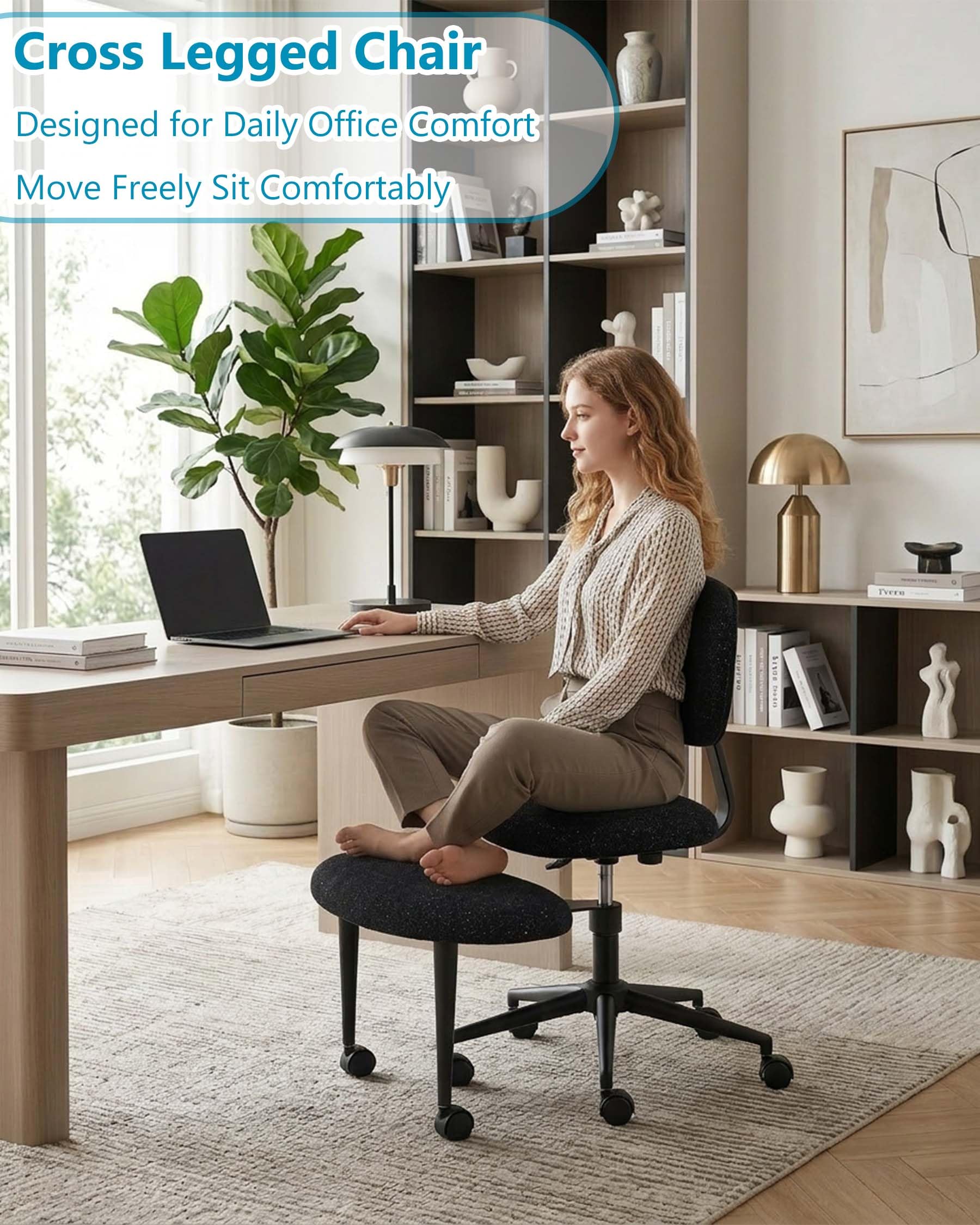 hitsuki Krzesło biurowe bez podłokietników, ergonomiczne krzesło biurkowe z podnóżkiem, obrotowe 360°, krzesło z regulacją wysokości z kółkami do biura i domu, czarny brokat
