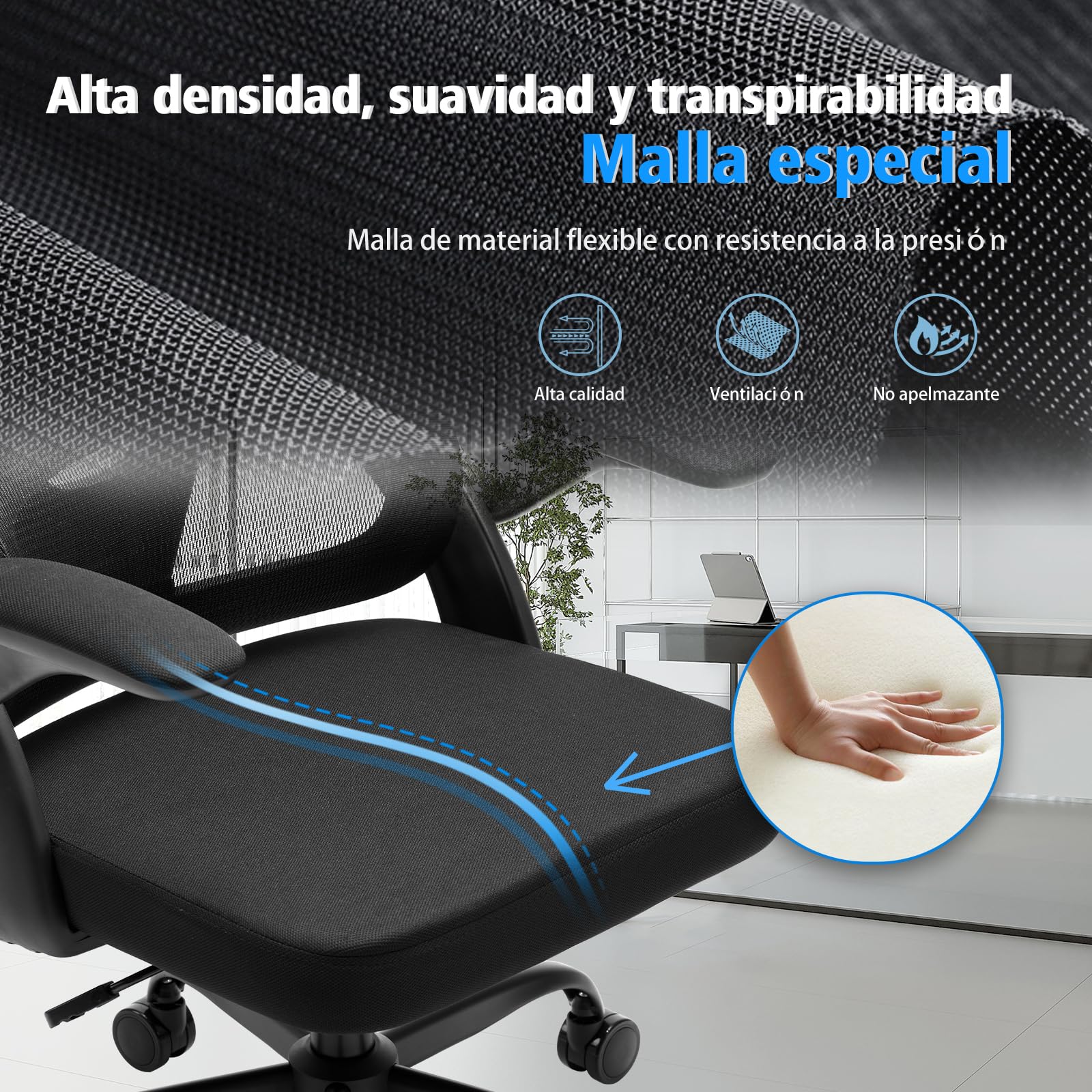 Magic Life Silla de Oficina Ergonómica con Soporte Lumbar, Asiento de Malla Rebotante, Respaldo Transpirable y Reposabrazos 3D, Altura Ajustable para Oficina en Casa (Negro)