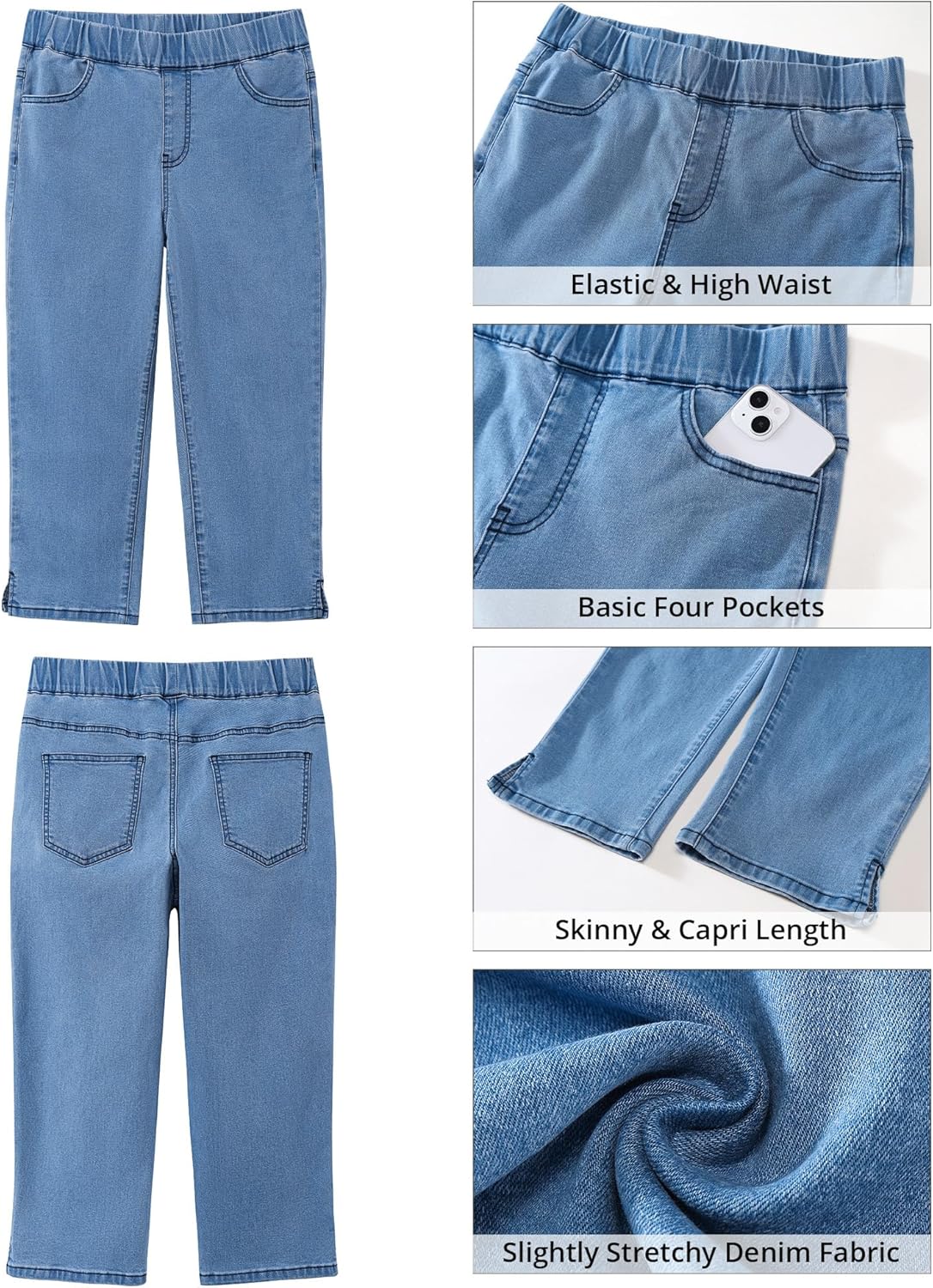 GRAPENT Capris Jeans for Women High Waisted Trendy Pull On Elastic Waist Split Hem Skinny Stretchy Denim Capri Pants - Image 6