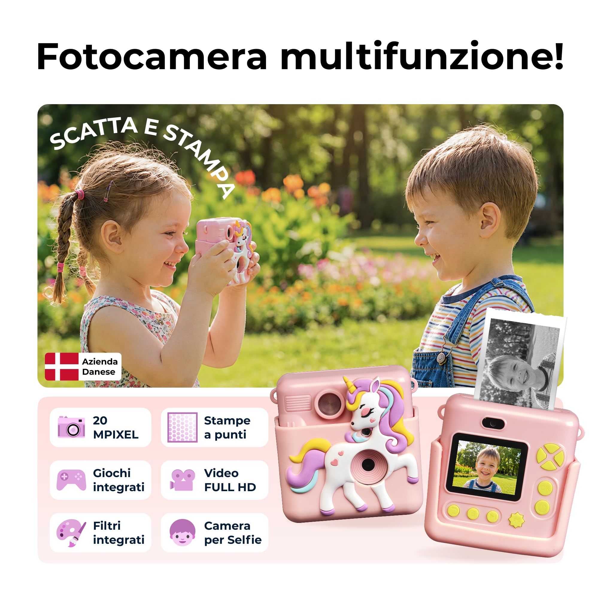 Denver KPC-1363RO Fotocamera Istantanea per Bambini con Stampa Termica, 20MP, Video Full HD 1080p, Schermo LCD 2”, Cover in Silicone, Rosa