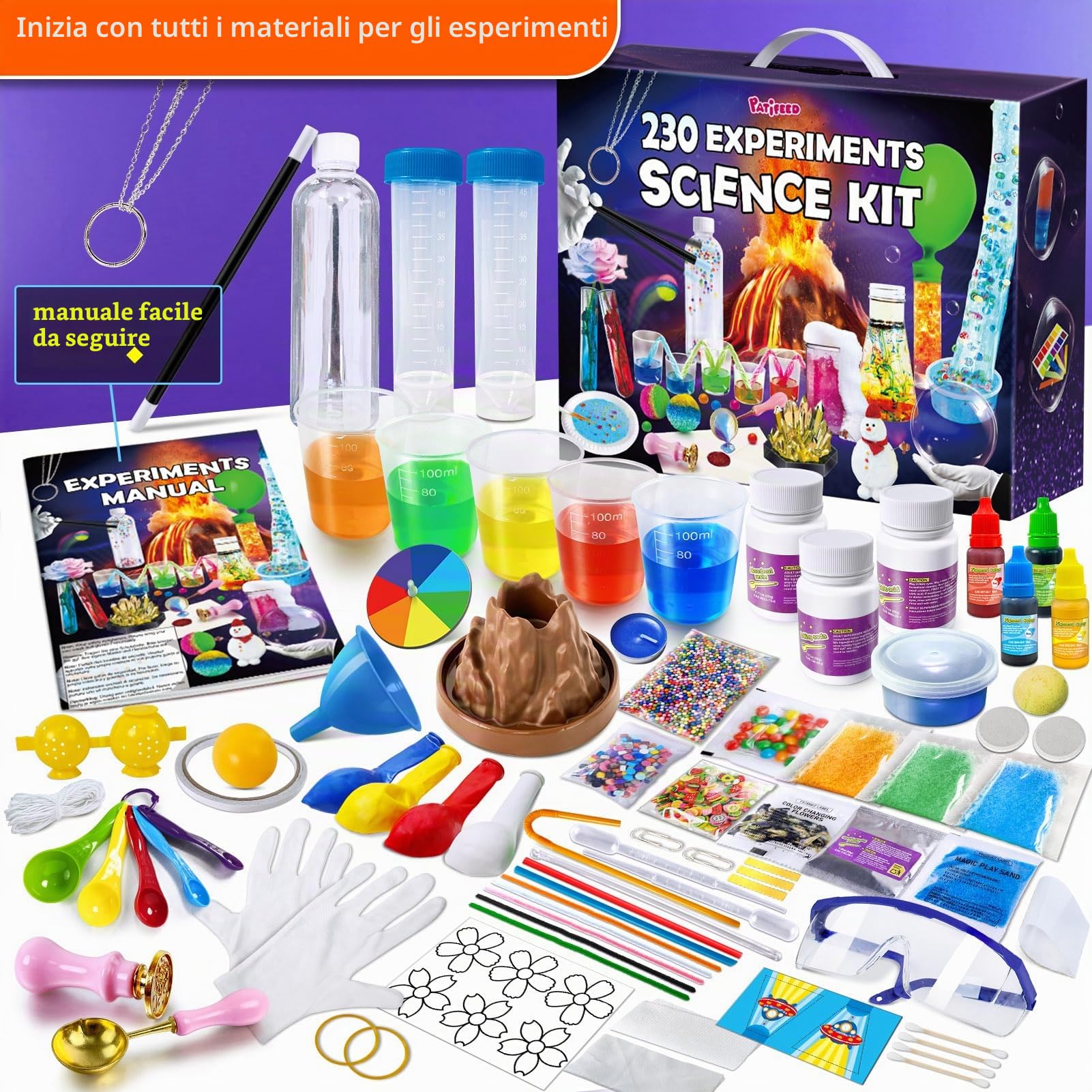 PATIFEED 230 Esperimenti Kit Scienza per Bambini Ragazzi Ragazze Regali Idea S.T.E.M Giocattoli con Magia Chimica Set Cristallo Crescente Fisica Vulcano