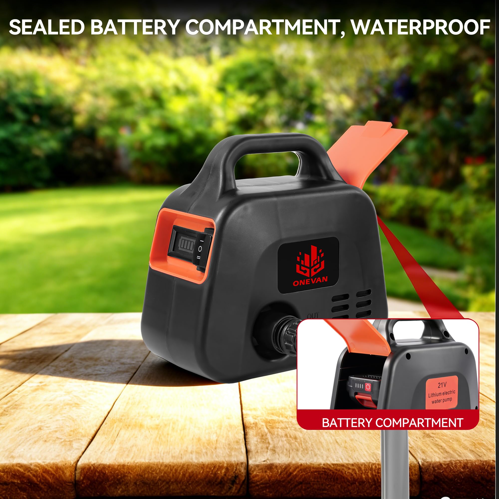 ONEVAN Pompa dell'acqua a batteria, 600 l/h, pompa da giardino elettrica con indicatore di potenza, 2 batterie da 2000 mAh, regolazione a 2 marce, pompa dell'acqua con ugello 7 in 1, tubo, filtro