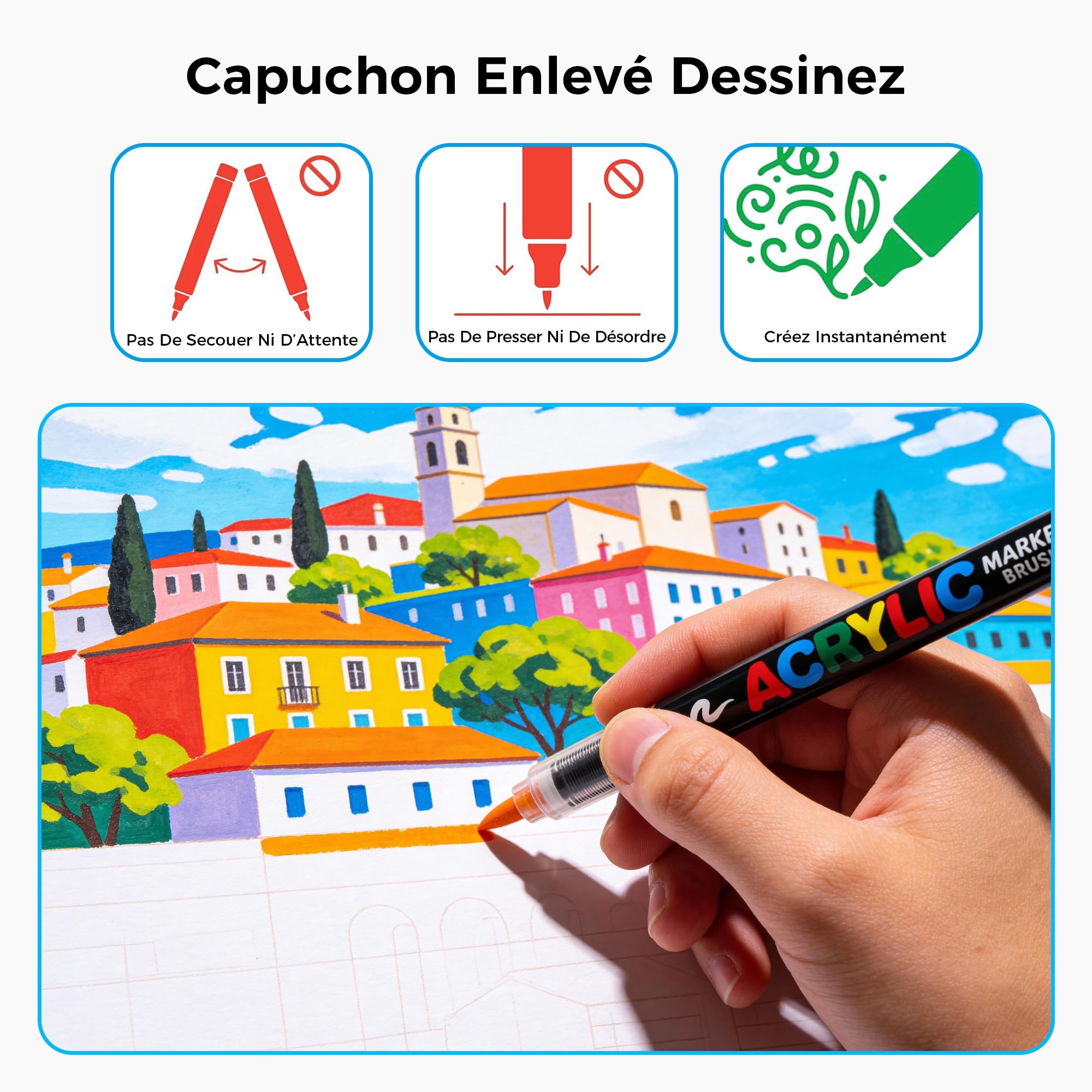 Tongfushop 240 Feutres Acryliques, Marqueurs Pointe Pinceau & Flux Auto, Non-Toxique & Haute Couverture pour Verre, Bois, Toile, Céramique – Idéal pour Professionnels et Créateurs