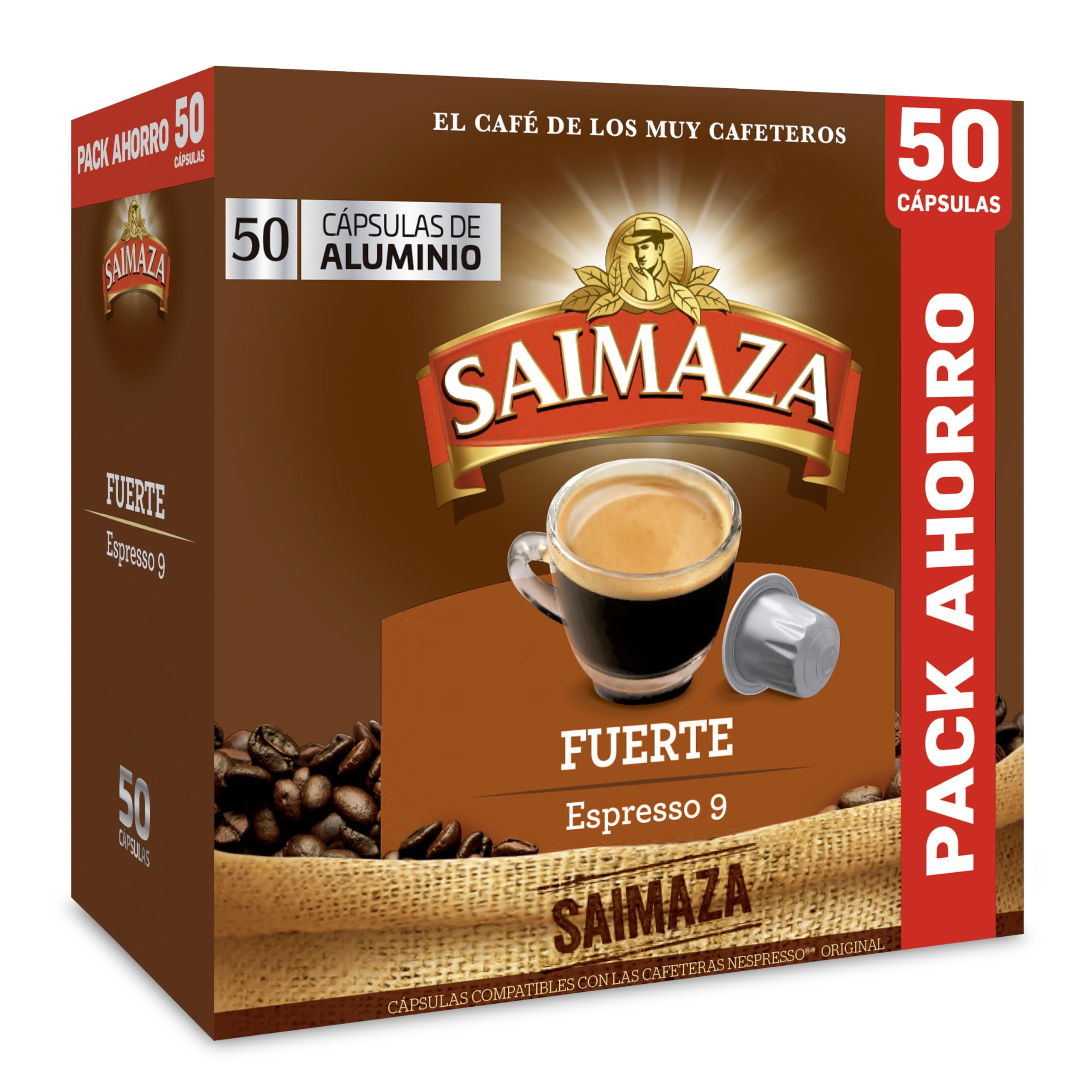 Saimaza Cápsulas de Café Fuerte | Intensidad 9 | 50 Cápsulas Compatibles Nespresso