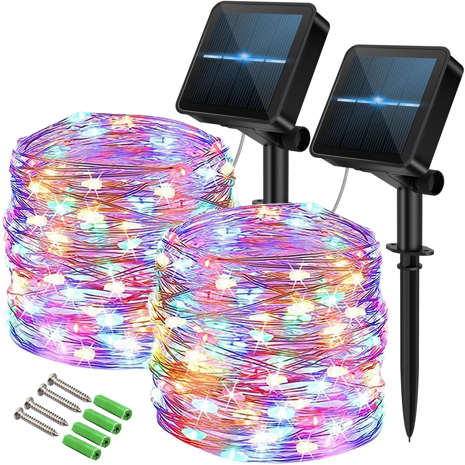 120LED Solar Fairy Lights, 2 Packs 12M Solar Lights Outdoor Garden，8 Modes Waterproof Copper Wire String Lights for Wedding Garden Party (Multi-Color)