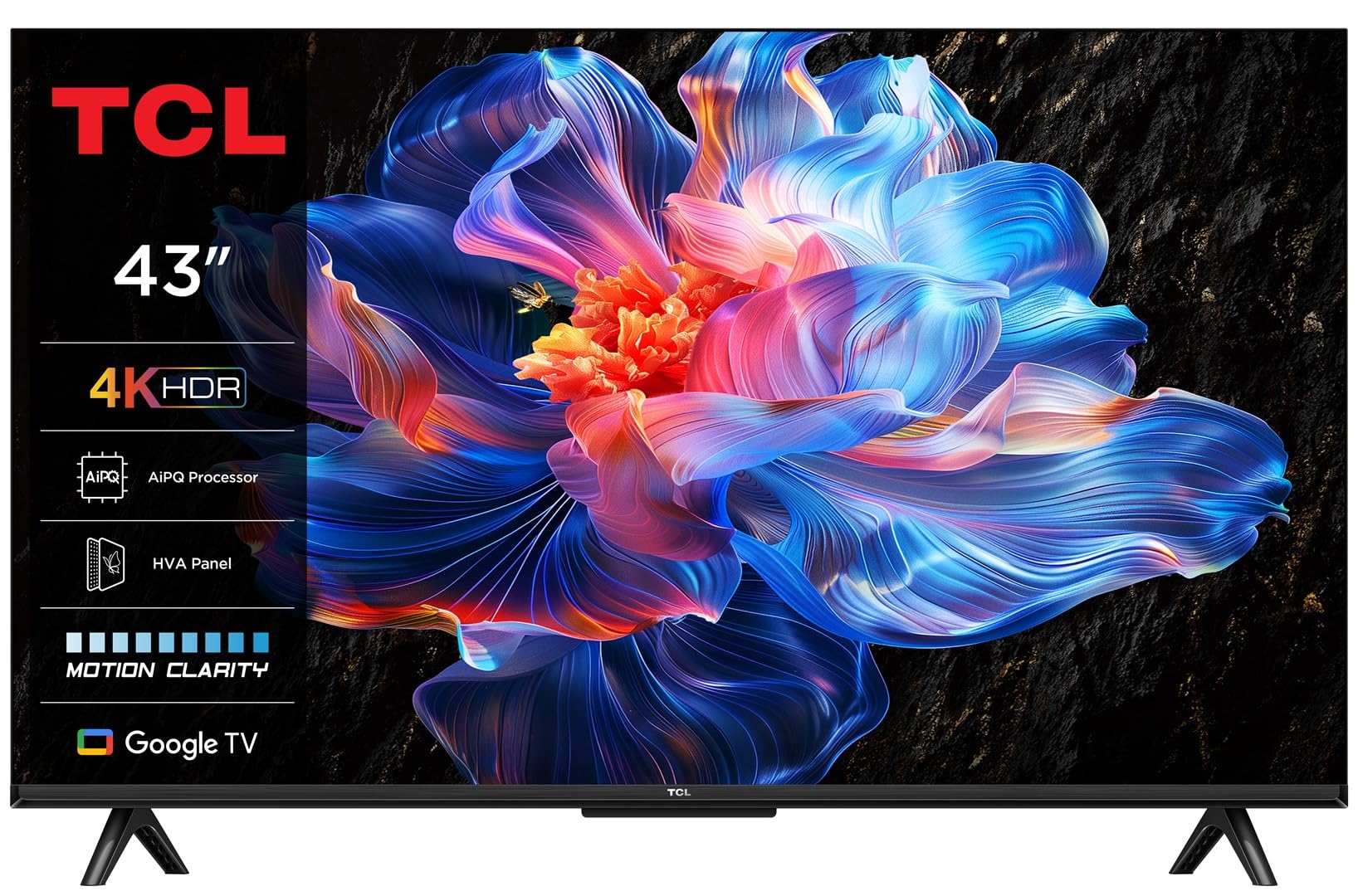 TCL 43P69K 4K Smart LED TV in a modern living room setting, displaying a vibrant smart TV interface.