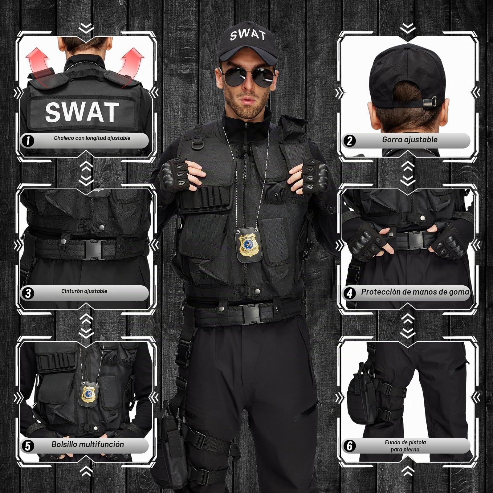 Conjunto Disfraces Swat para Hombre, Chaleco Swat Security con Equipamiento Policial, Chaleco Policial Negro para Carnaval, Halloween y Cosplay