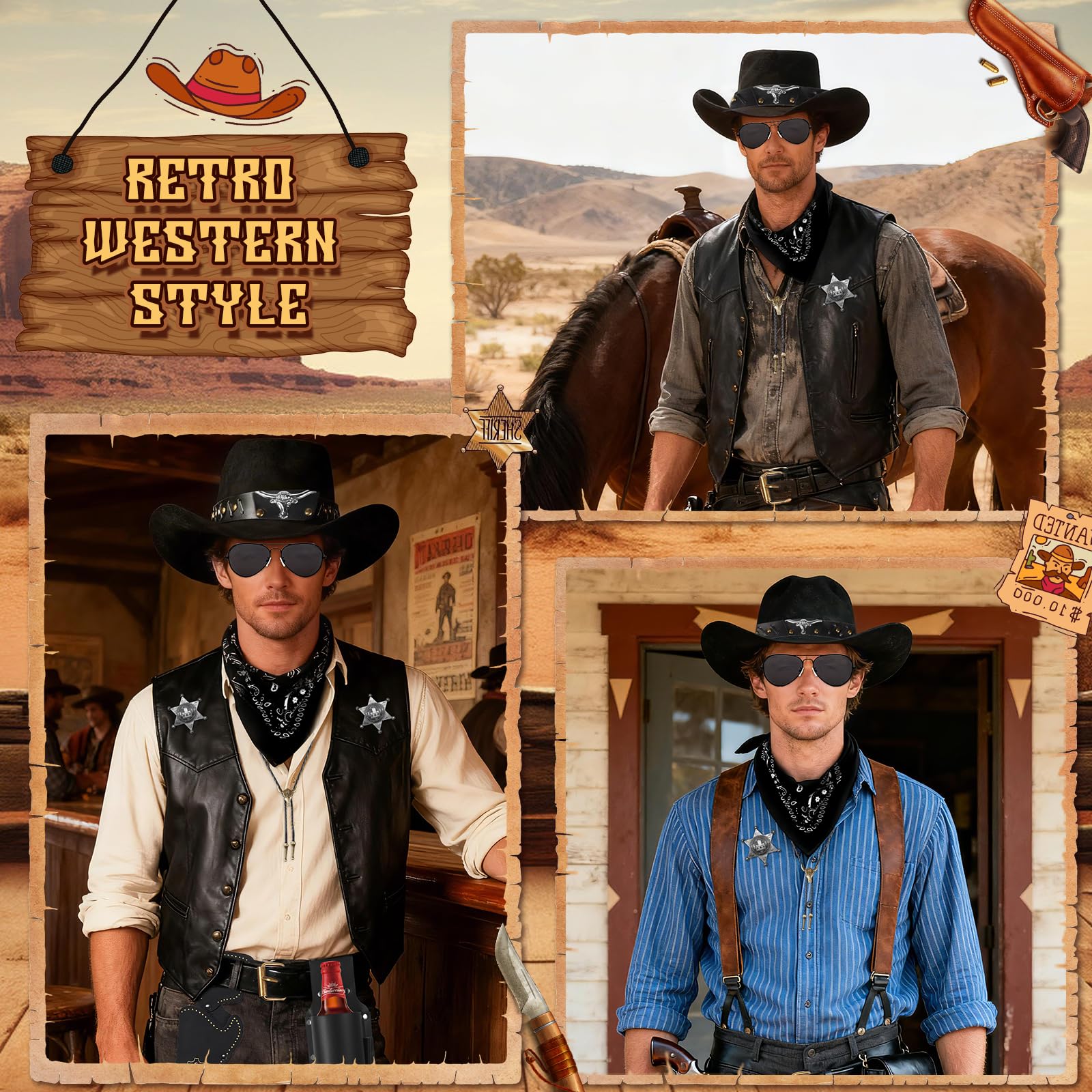 9-częściowy kostium kowbojski western, zestaw z kapeluszem, okularami, naszyjnikiem, uchwytem na kufel piwa, bandaną, kaburą, odznakami, paskiem na karnawał, na imprezę tematyczną, cosplay